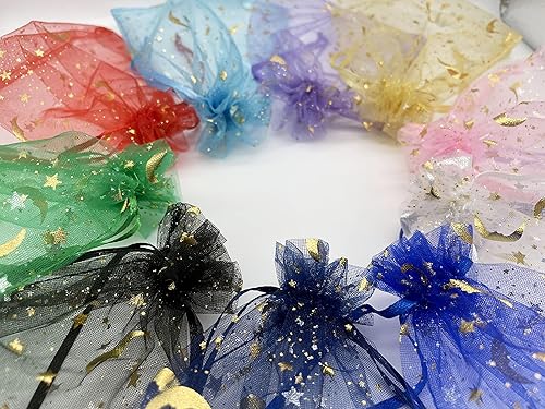 Miniatura 9 de Jexila 100 bolsas de organza de Navidad de 4 x 6 pulgadas con cordón de estrella, luna, bolsas de regalo de malla verde y roja para bodas, fiestas,