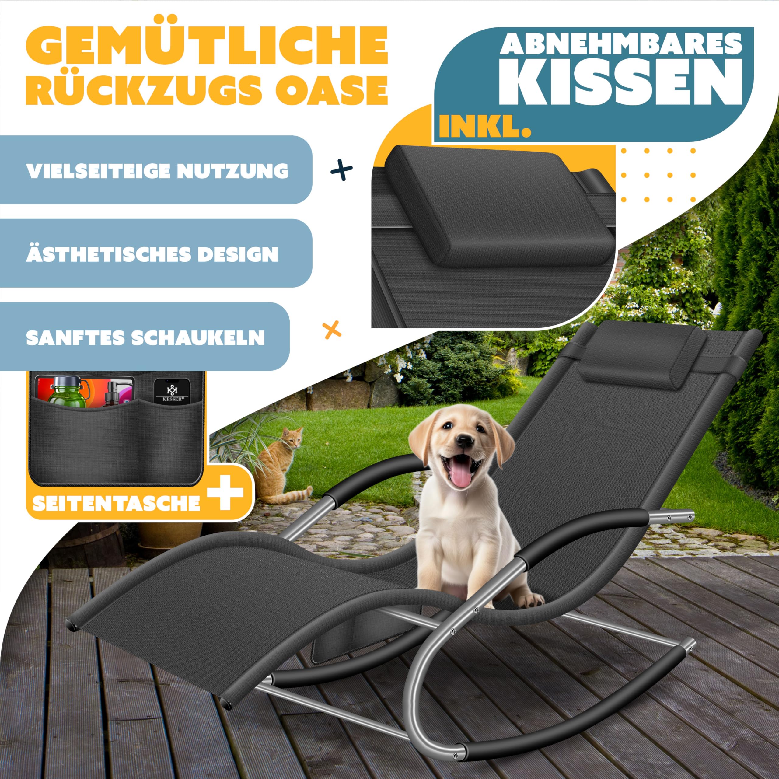 KESSER® Sonnenliege Relaxliege Schwungliege | Gartenliege | Gartenstuhl | Liegestuhl | Schaukelsessel | ergonomische Relaxsessel | Kopfkissen | wetterfest | 150 kg Belastung | Anthrazit