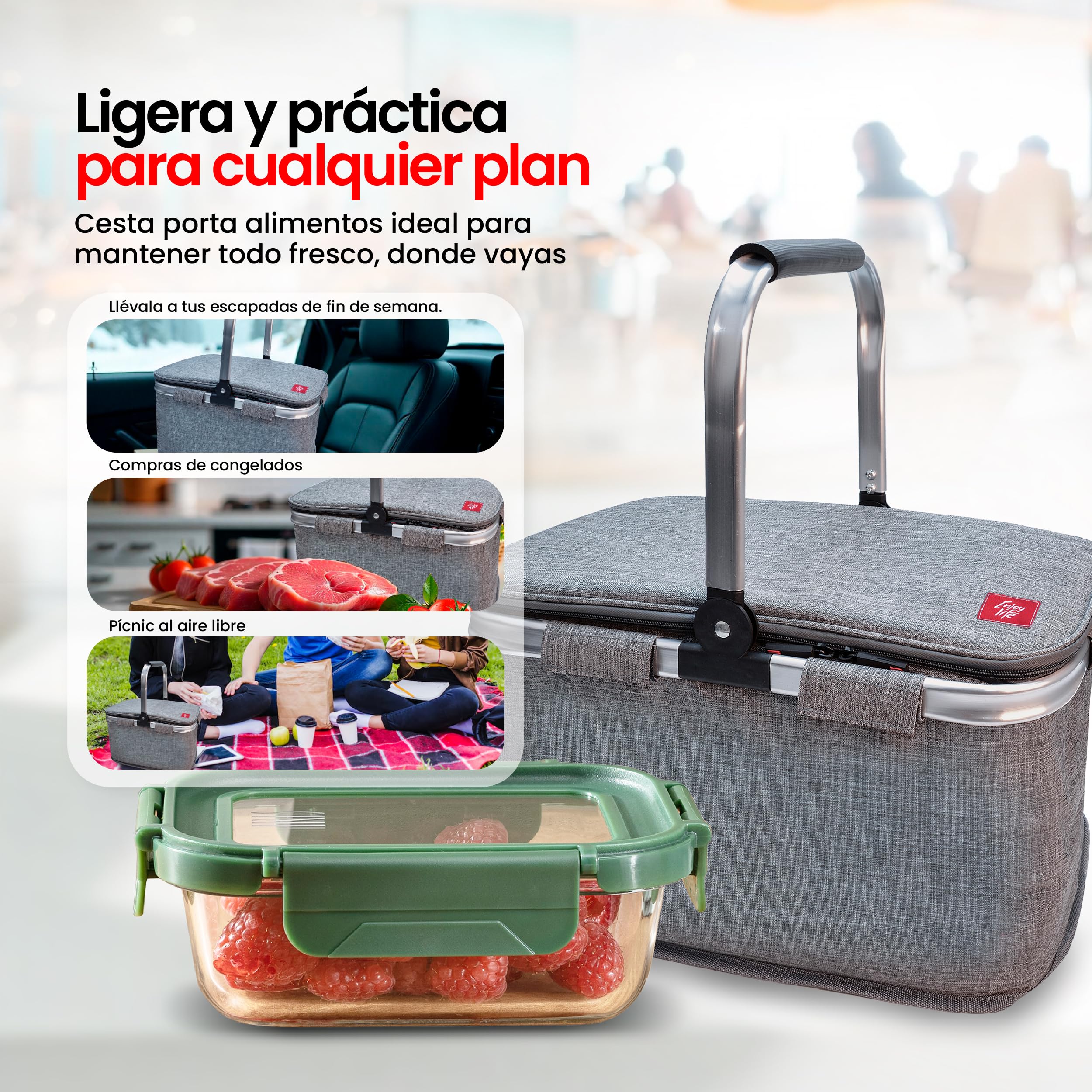 IRIS BARCELONA - Cesta Picnic Plegable, Cesta Térmica para Llevar Comida y Bebida a la Playa, Piscina, Excursión, Picnic Basket 20 l Gris Jaspeado