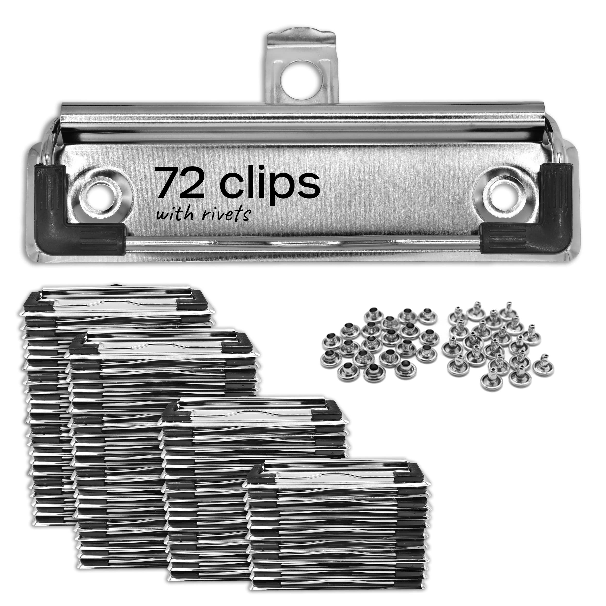 Volila Mountable Clipboard Clips - 72 Pack Metal Spring Loaded Surface Clips With Retractable Hanging Hole and Rubber Edge