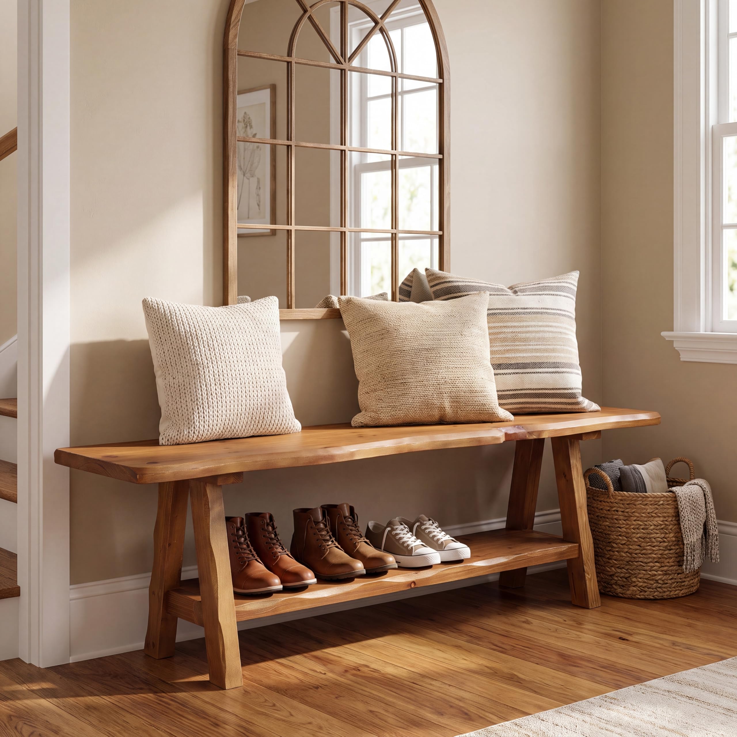 55-Inch Solid Wood Entryway Bench, Farmhouse Long End of Bed Bench with Live-Edge, Indoor Dining Seat for Entrance, Bedroom, Living Room, Dining Room, Easy Assembly, Brown