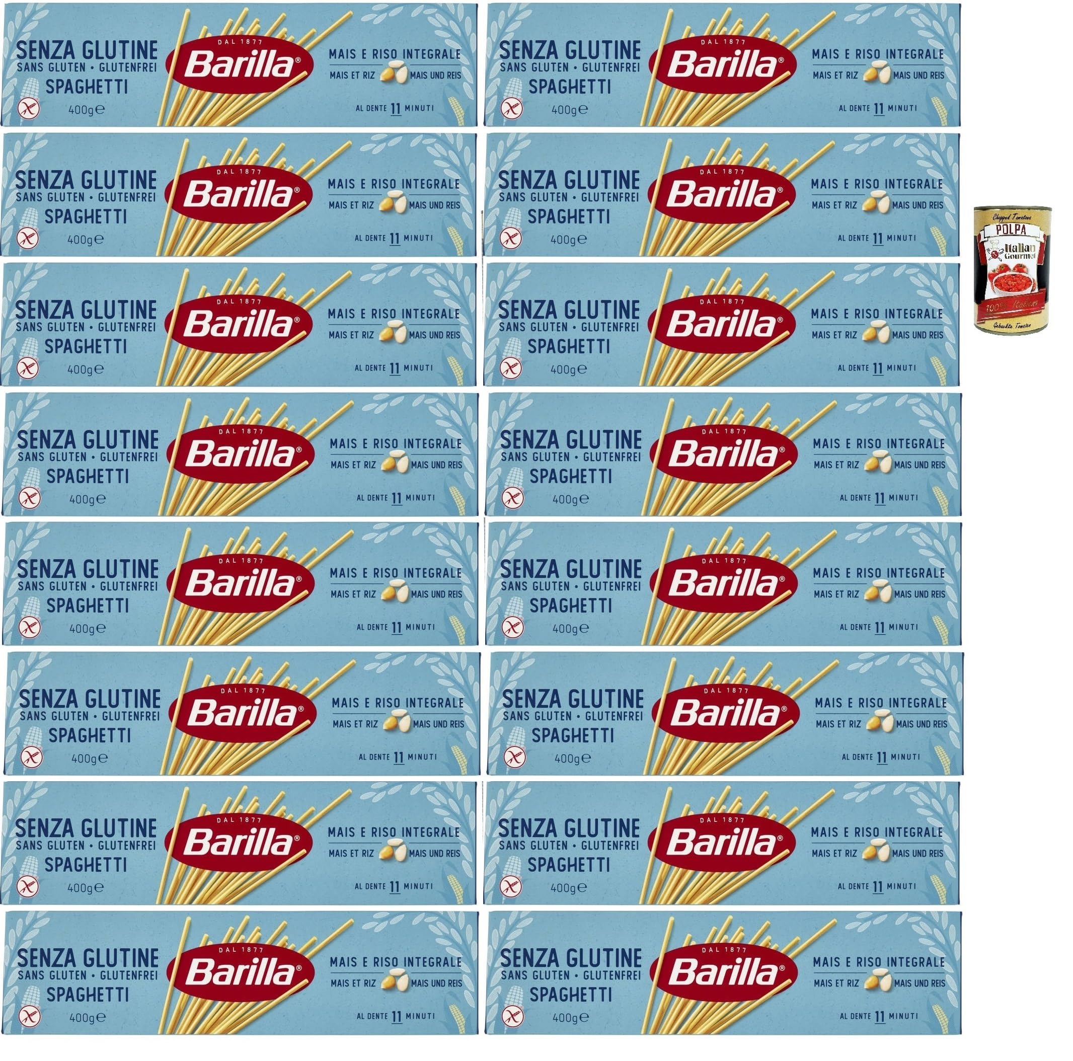 Italian Gourmet Spaghetti pasta senza glutine glutenfrei 16 x 400g | Con mais e riso integrale, vegan, laktosefrei, cottura al dente in 11, Gesamtnettogewicht 6,4 kg + Kostenlos Polpa 400g