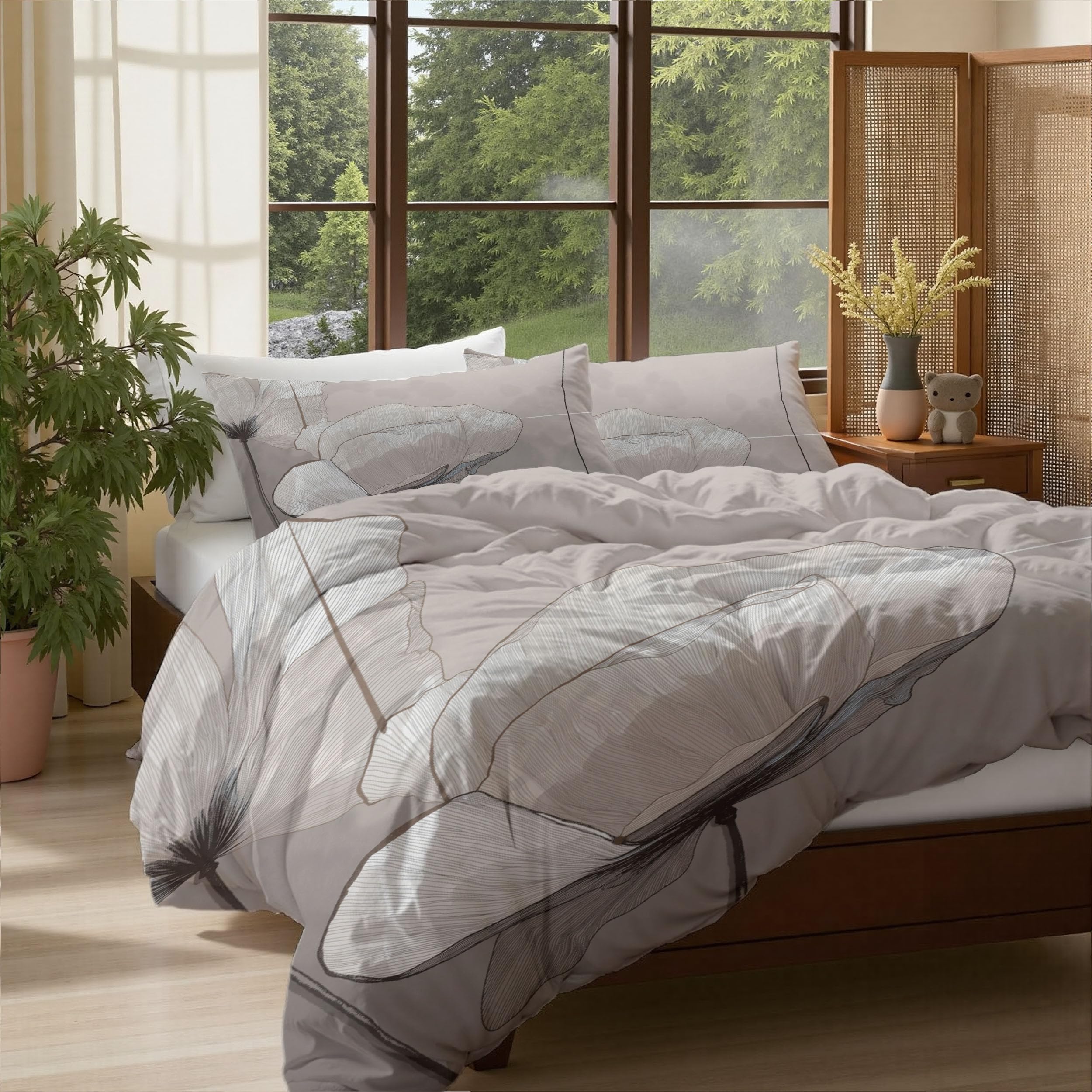 Housse de couette 220x240 pavot beige avec parure de lit 2 personnes microfibre fleur
