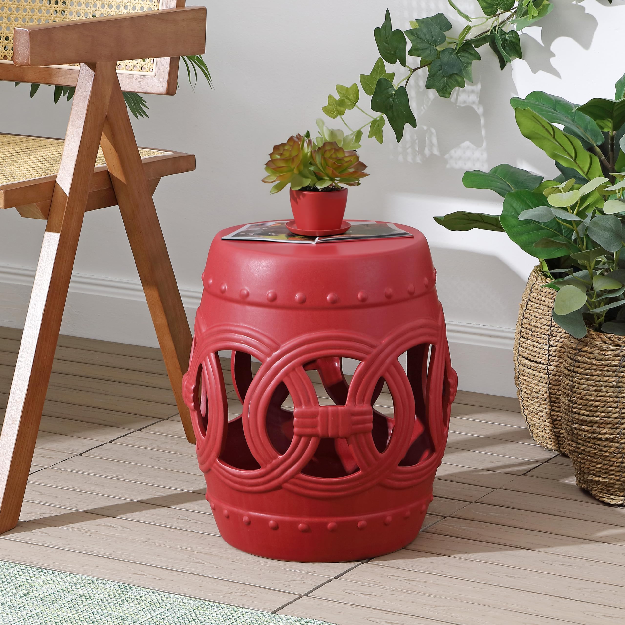 Produktbild von JONATHAN Y Chinesischer Keramik Gartenhocker - Lucky Coins Design In Matt Korallenrot