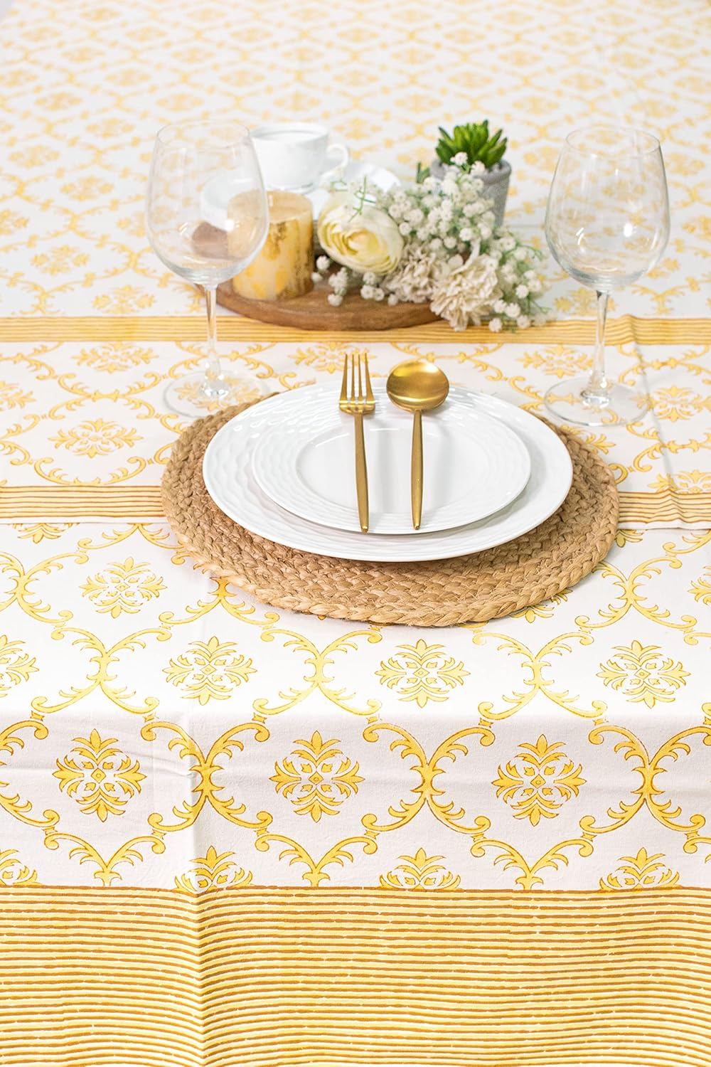 Lotus & Ivory Trellis Pattern 100% Cotton Table Cloth for Dining Table Kitchen Wedding Everyday Use Dinner Parties (60x108 inch, Yellow, Hand Block Printed)