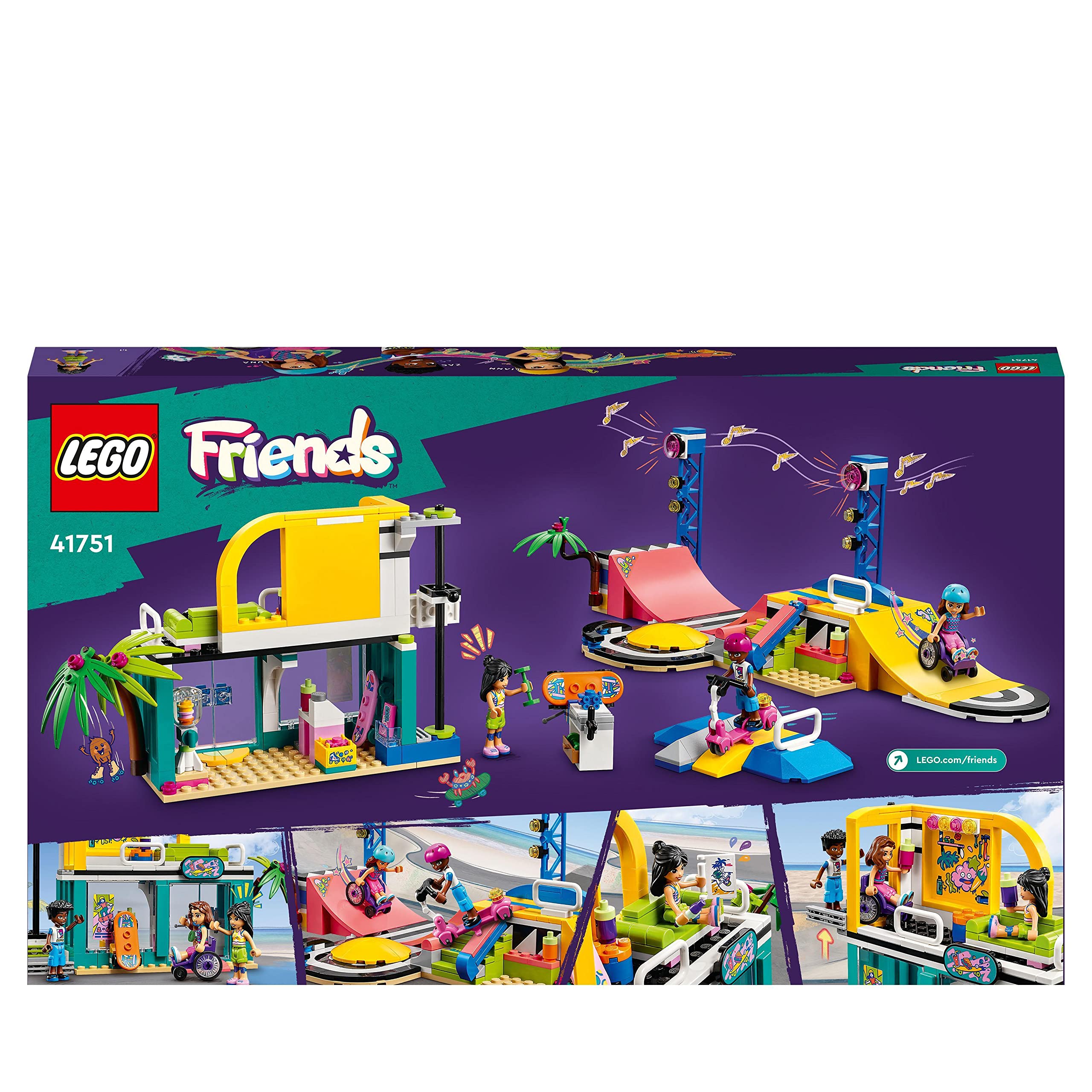 LEGO Friends Skate Park, Set con Rampa da Skateboard, Giochi per Bambine e Bambini dai 6 Anni con Personaggi 2023, Monopattino e Sedia a Rotelle 41751