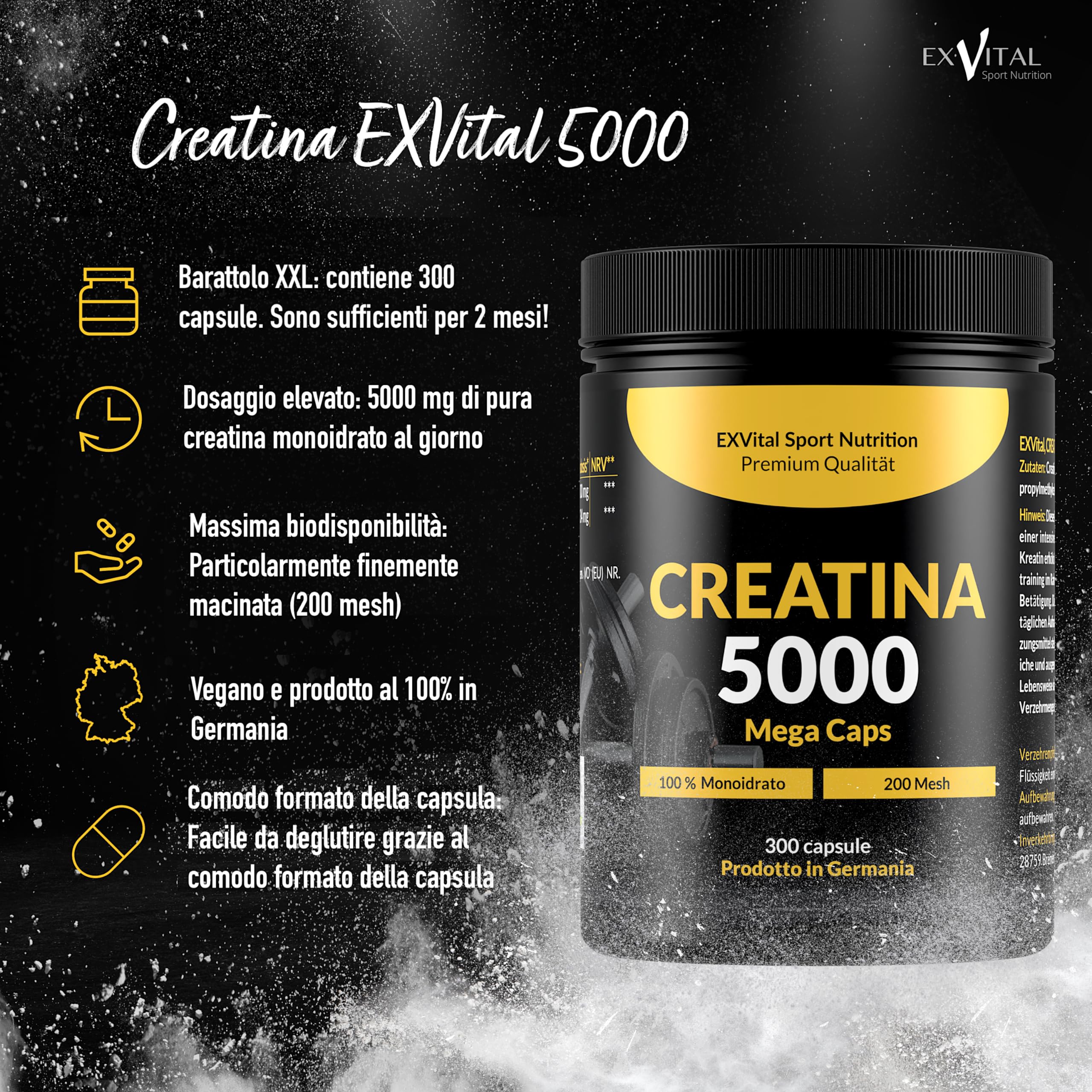 Creatina 5000 Mega Caps, stimolante per l'allenamento, 5000 mg di creatina monoidrato per dose giornaliera, 300 capsule, preworkout, Vegano