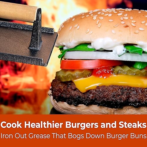 Miniatura 6 de Parrilla de hierro fundido versátil y segura al tacto de 8 x 4 pulgadas, peso de 2 unidades. Prensa de carne perfecta con mango de madera para