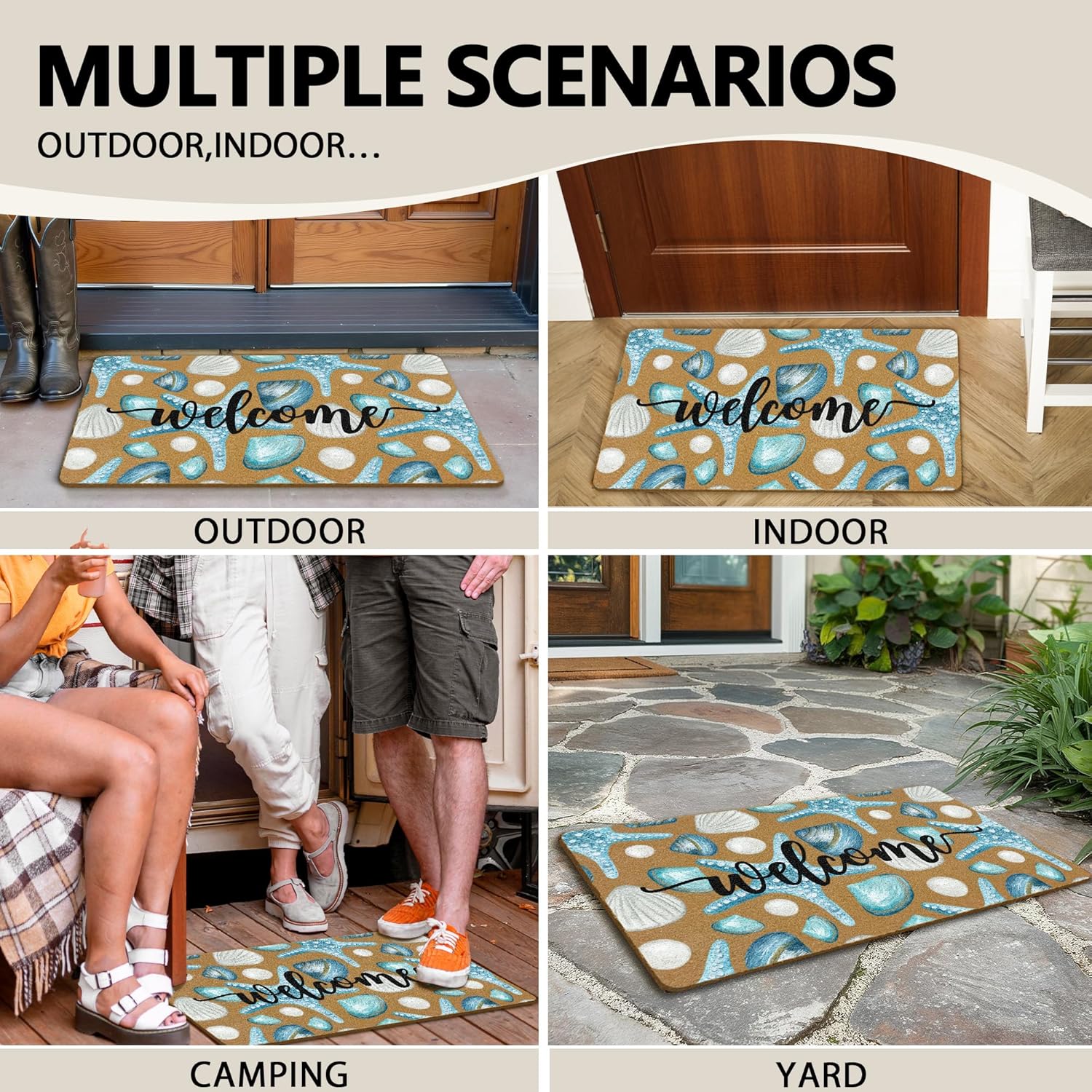 Coastal Beach Welcome Coir Door Mats Outdoor, Coastal Ocean Seashell Starfish Front Door Mat Outside Entrance, Beach Doormat Outdoor Indoor Entrance for Home Entryway Decor, 17x30in