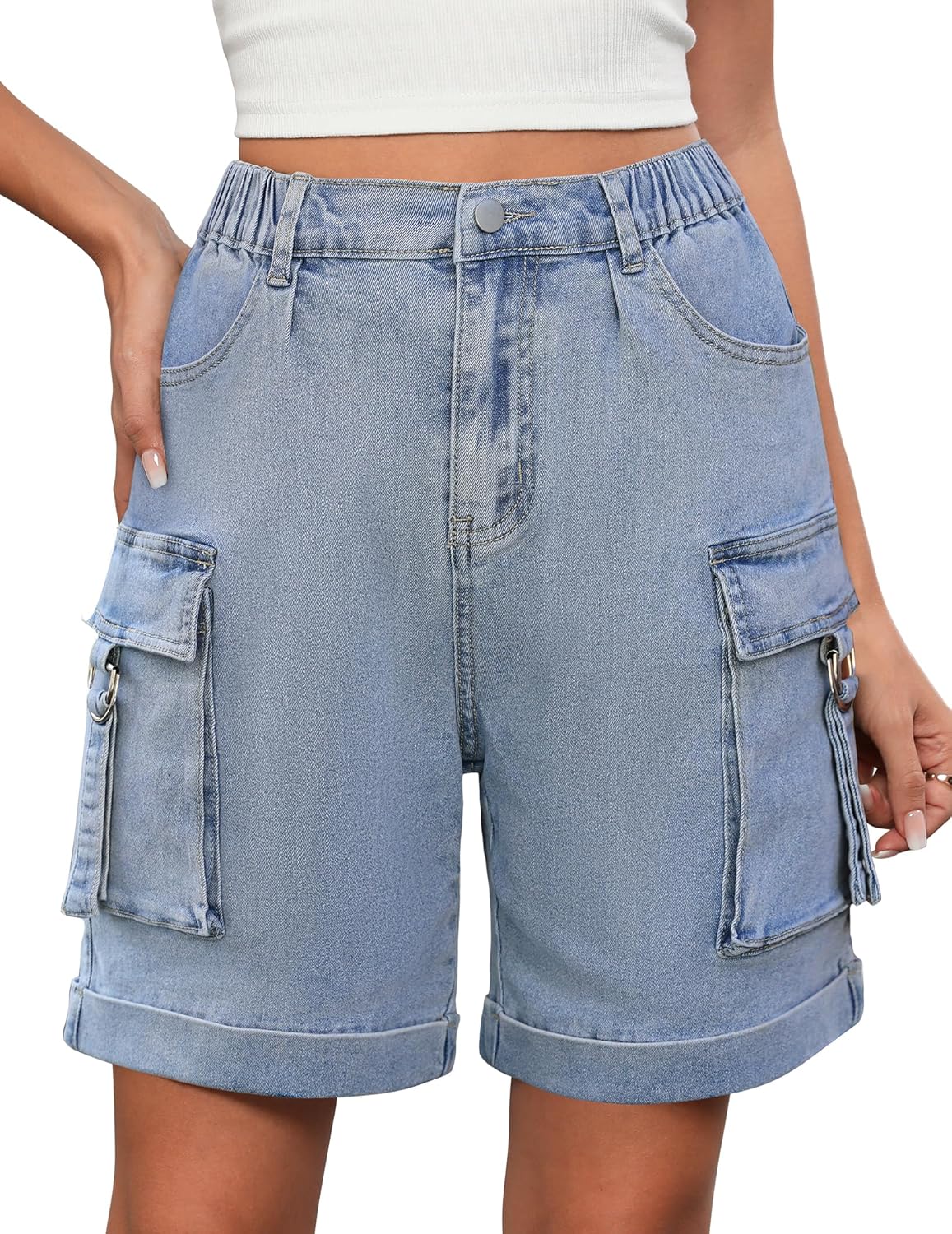 Bermuda Shorts for Women Cargo Cotton Shorts High Waist Knee Length 6 Pockets 2025 ...