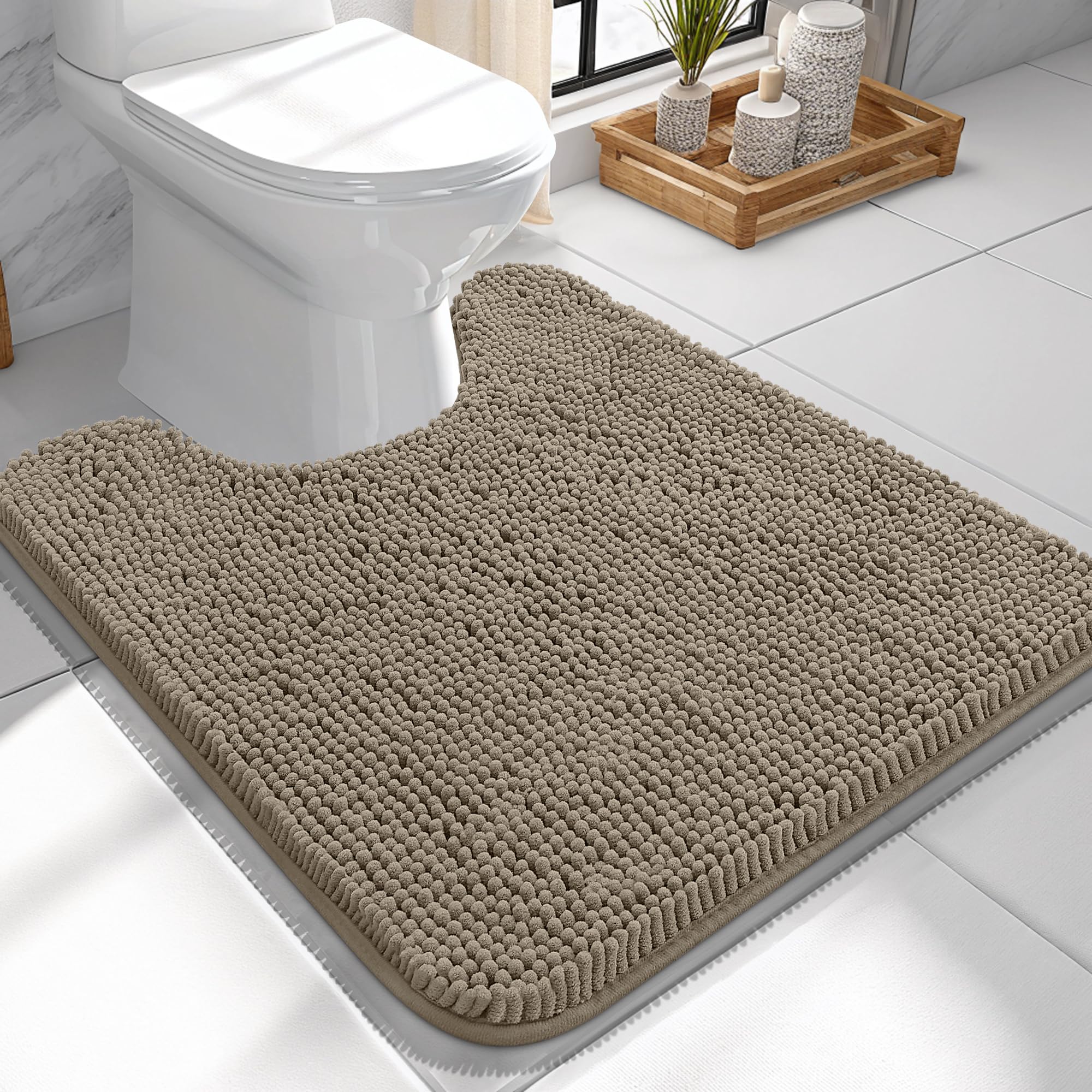 OLANLY Toilet Rugs U-Shaped 24x24, Soft Absorbent Chenille Contour Rugs | Warm Taupe, Quick-Drying Rubber Backing, Machine Washable Non-Slip Shaggy Bathroom Mat for Toilet, Home Decor Accessories