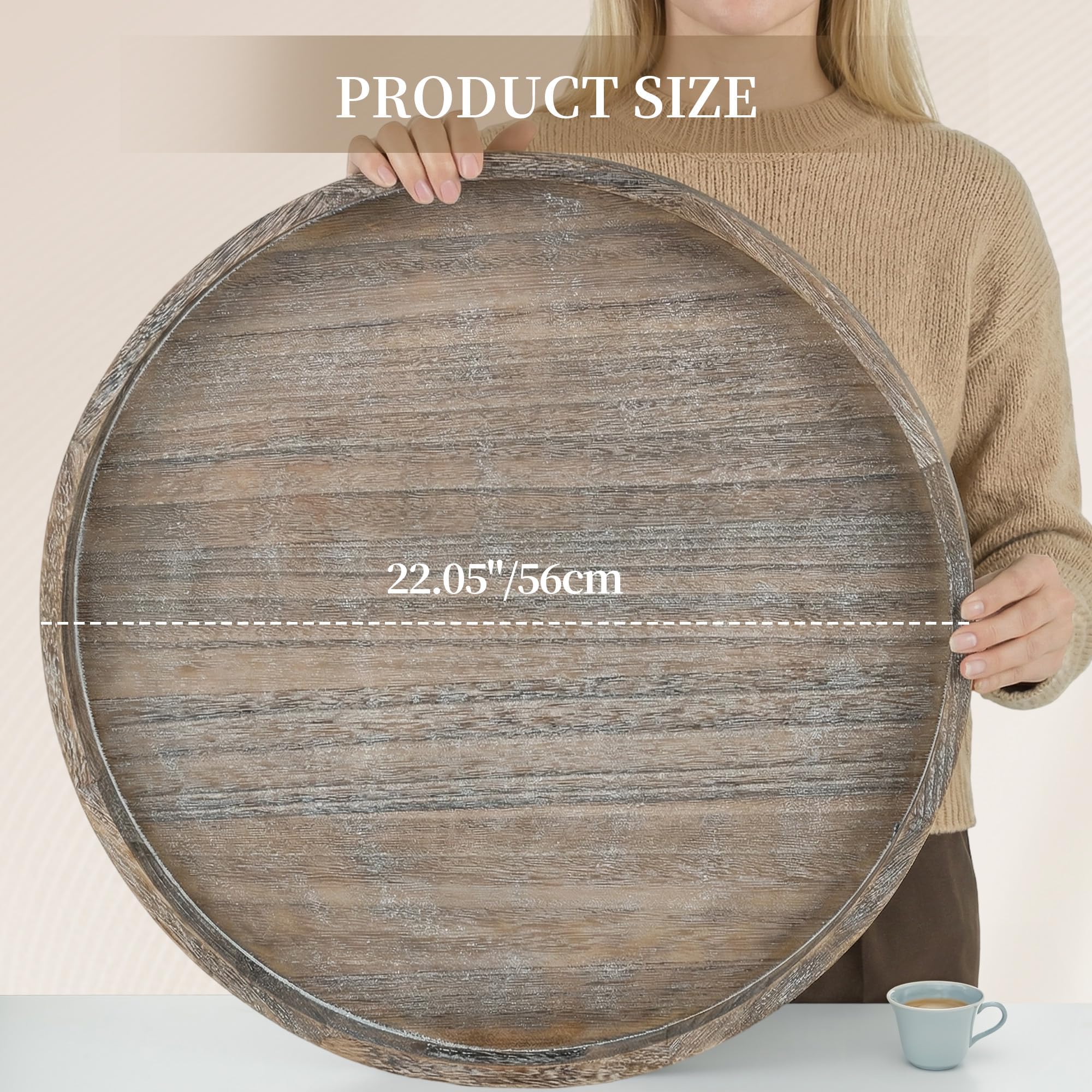 Hanobe Bandeja otomana decorativa de madera para sala de estar con asas, 22 pulgadas | Bandeja grande para mesa de café rústica redonda para decoración del hogar