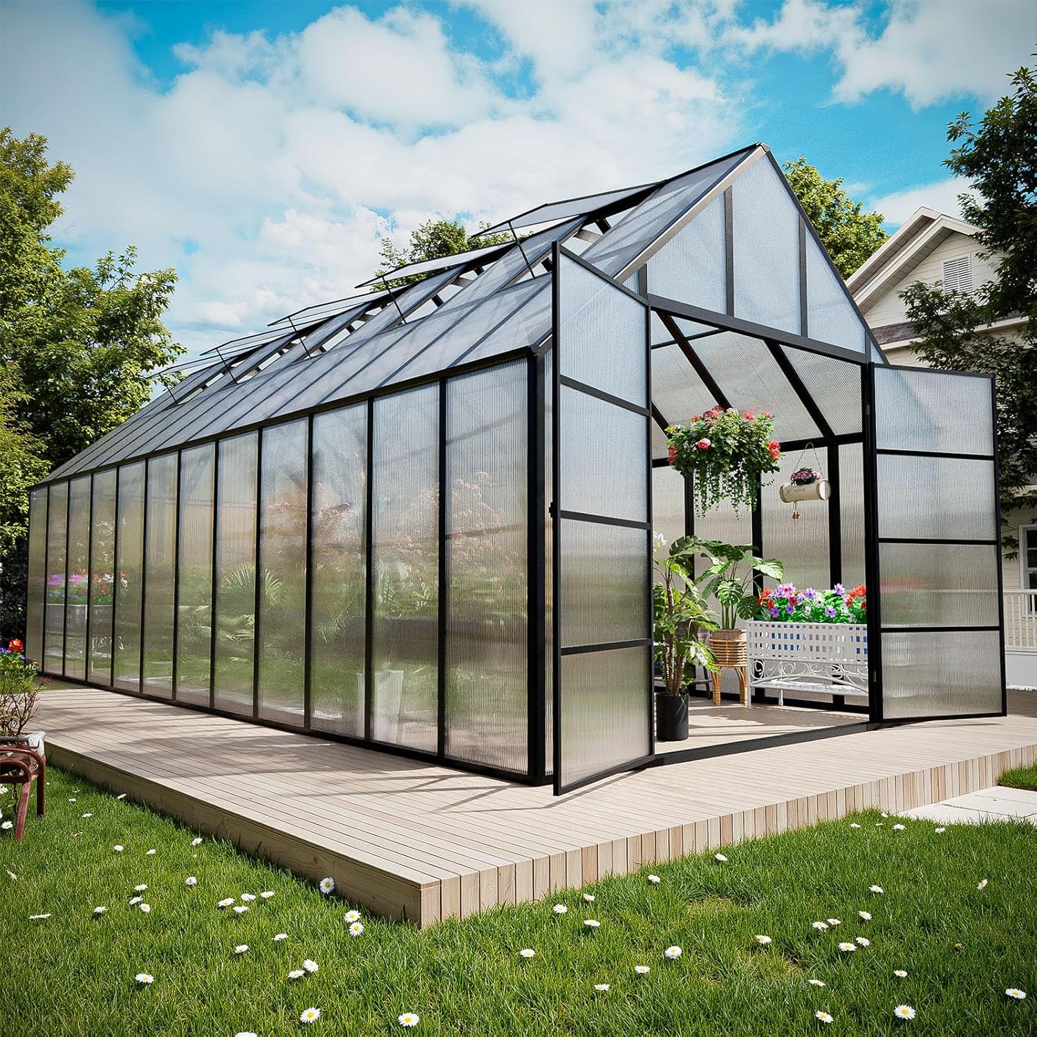 CDCASA 10x24x10 FT Greenhouse for Outdoors, Large Easy Assembly Thicker Aluminum Polycarbonate Greenhouses w/5 Windows, Swing Door Walk-in Green House for Outside,Backyard,Garden