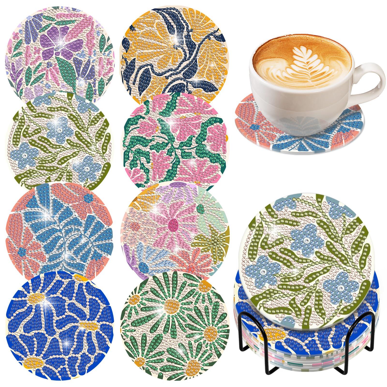 Flowers 8Pcs Diamond Art Coasters Set for Adults with Holder 4x4in, Floral