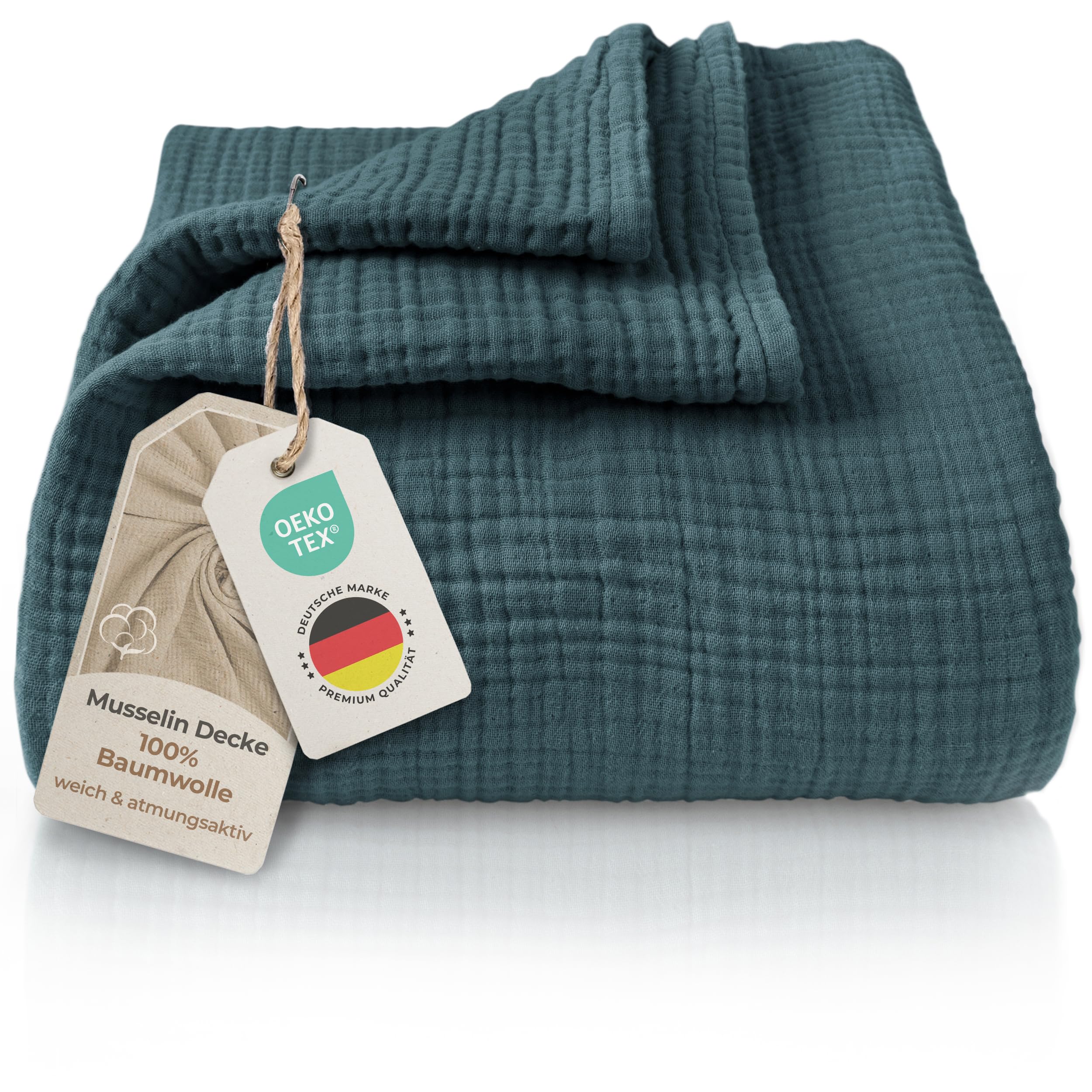 LAYNENBURG Colcha de Muselina Premium 180 x 220 cm - 100% algodón - Manta de algodón Extra Suave como Manta acogedora, Manta de Cama, Manta de sofá, Manta de sofá (Azul espejismo)