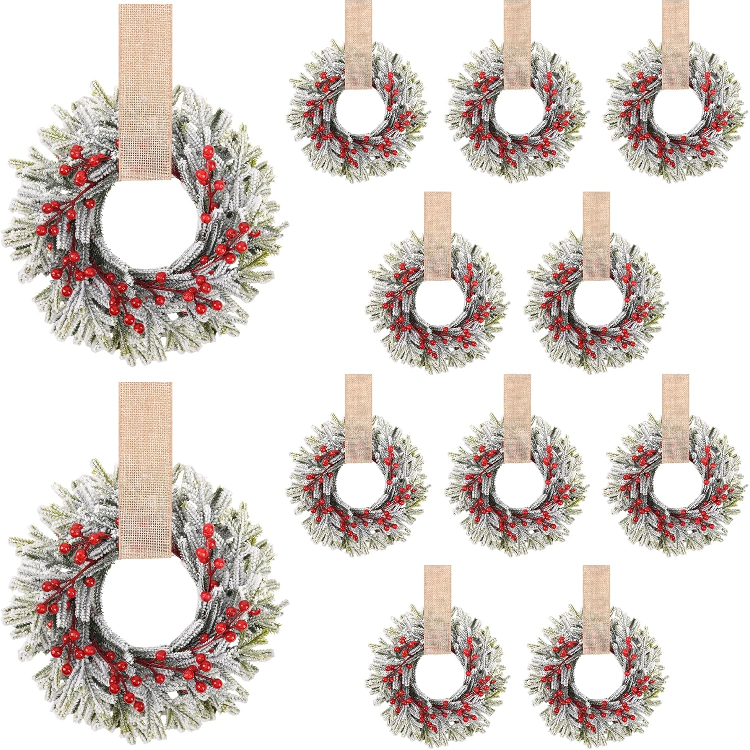 12 Pcs 9.5'' Small Christmas Kitchen Cabinet Wreaths with Adjustable Ribbon Mini Hanging Christmas Wreath Candle Rings Artificial Norfolk Pine Wreath for Door Window Wall (Khaki)
