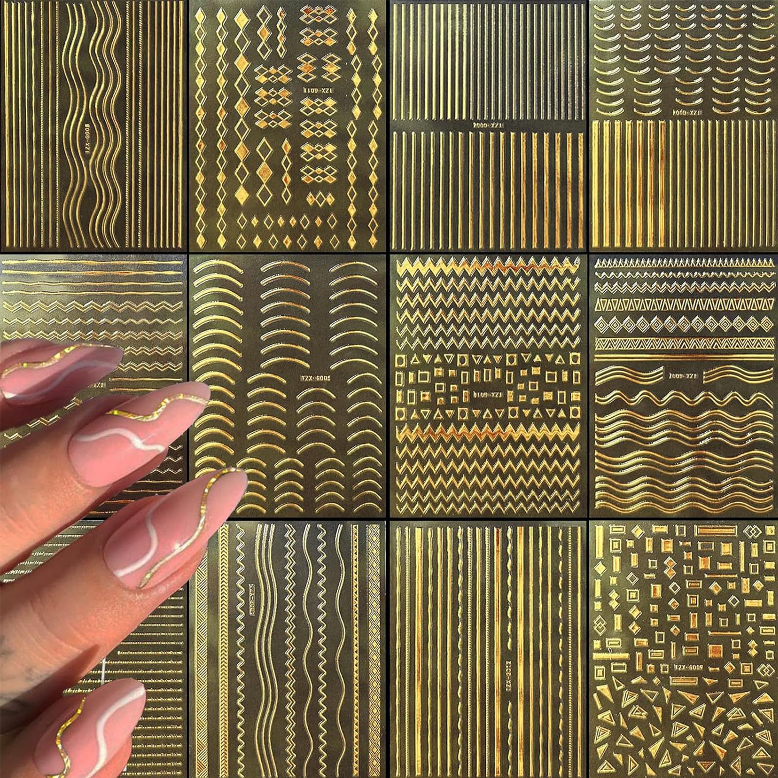 12 Sheets Wavy Line Nails Art Stickers 3D Gold Metallic Line Nails Decals French Stickers Decoration