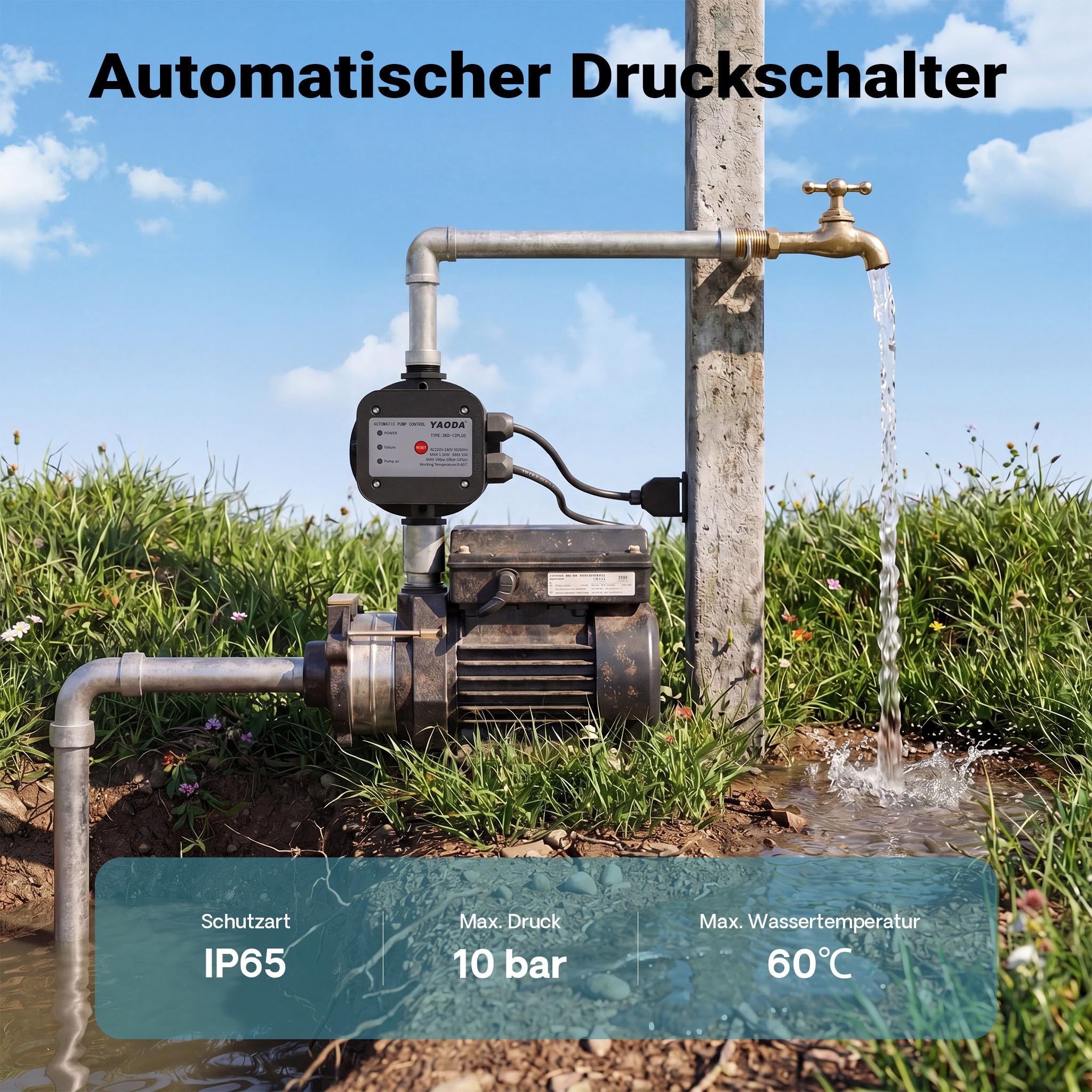 Wiltec Druckschalter mit Kabel EPC-5 230V 1-phasig bis 10 bar, Druckwächter mit Trockenlaufschutz für Hauswasserwerke und Pumpen, zuverlässige Pumpensteuerung