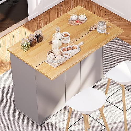 Miniatura 3 de SUNLEI Isla de cocina con ruedas con armario de almacenamiento y hoja plegable, mesa de cocina rodante, asa de carrito para toallero, hoja caída,