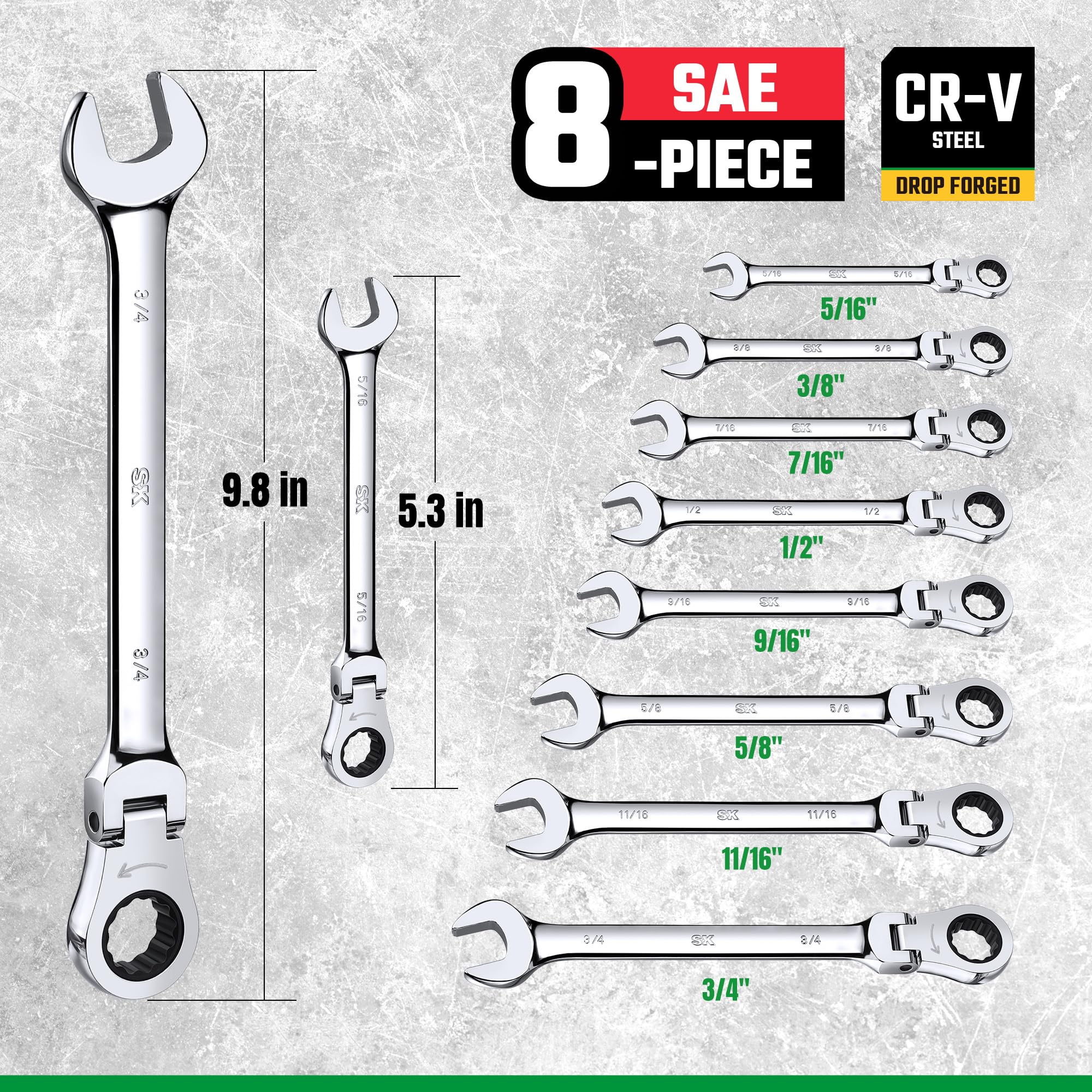 SK Juego de llaves de trinquete Flex-Head, juego de llaves combinadas, 8 piezas, SAE 5/16 pulgadas a 3/4 pulgadas, 72 dientes, construcción CR-V premium, con organizador de estante