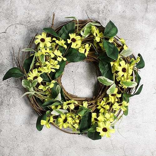 Miniatura 10 de CVHOMEDECO. Rustic Country - Corona artificial de margaritas amarillas y ramitas, corona verde completa durante todo el año para exhibición en