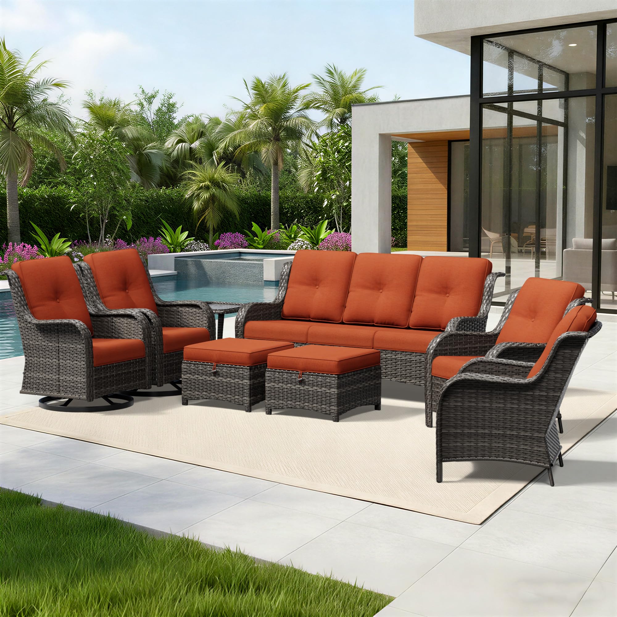 Joyside 8 Piece Wicker Patio Furniture Set, Outdoor Swivel Rocker Patio Chairs with High Back, Deep Seating, Wide Armrest, Thickened Cushions, Outdoor Furniture for Deck, Porch Use