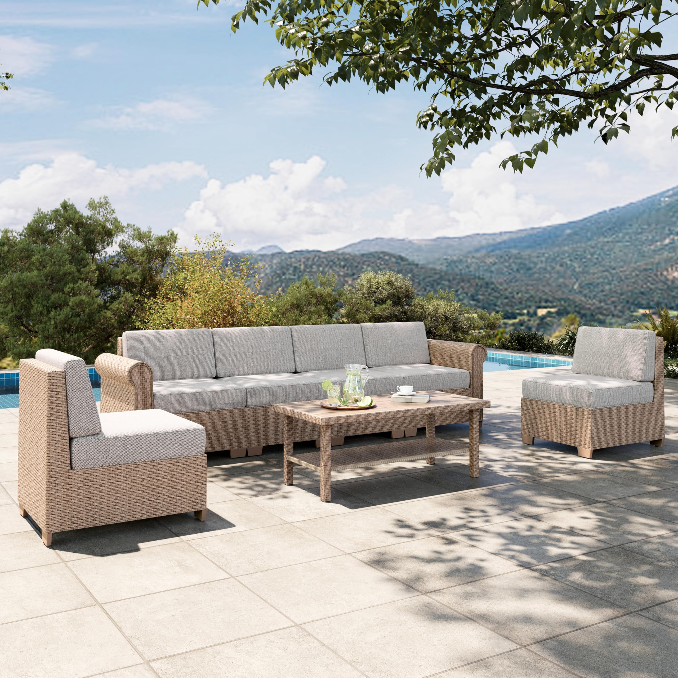 HERA'S HOUSE 7-Piece Wicker Patio Sectional Set, 6-Seat, Modular Design