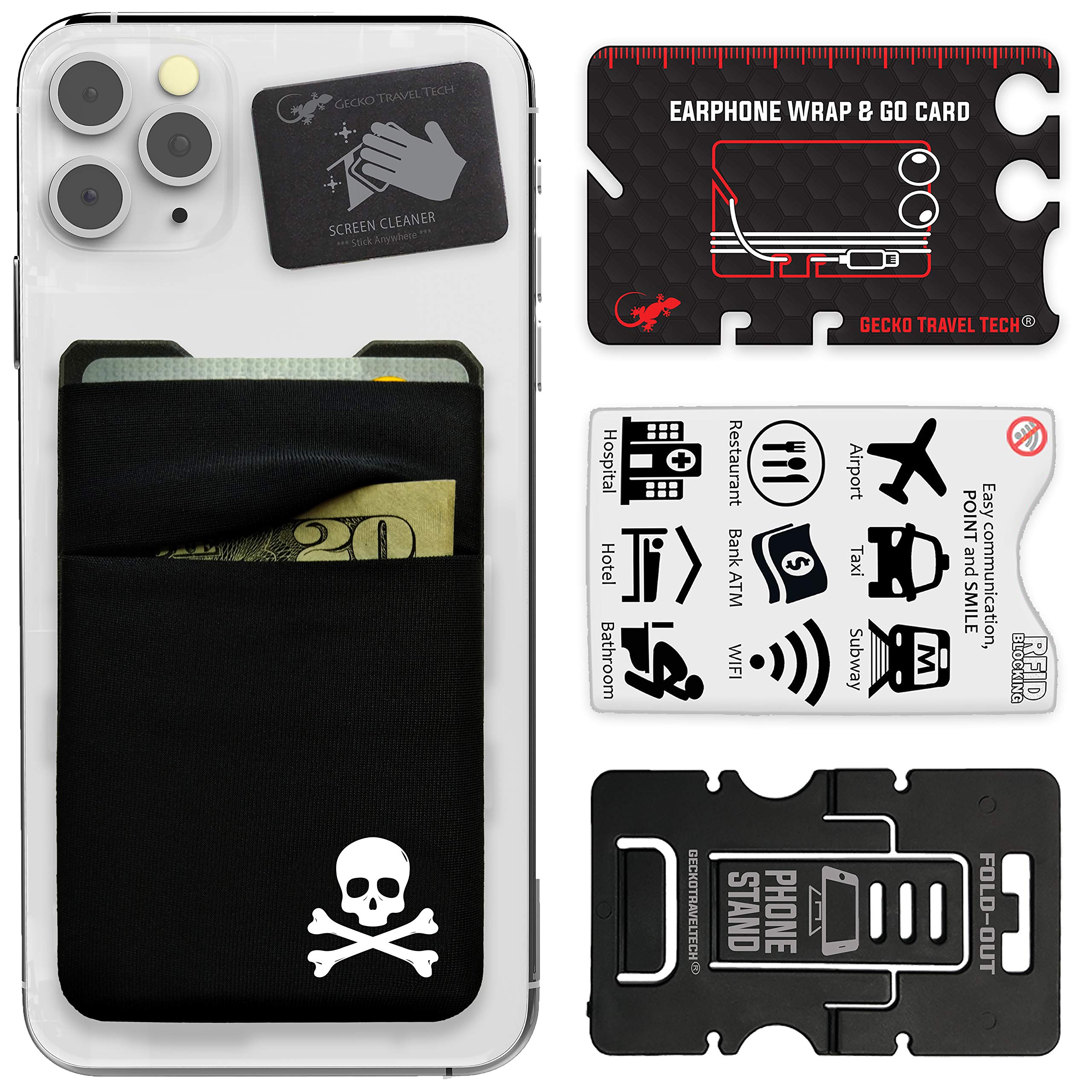 Gecko Travel Tech Double Pocket - Adhesive Card Holder - Cell Phone Pouch - Stick on Lycra Pocket - Carry Credit Cards and Cash - Skull