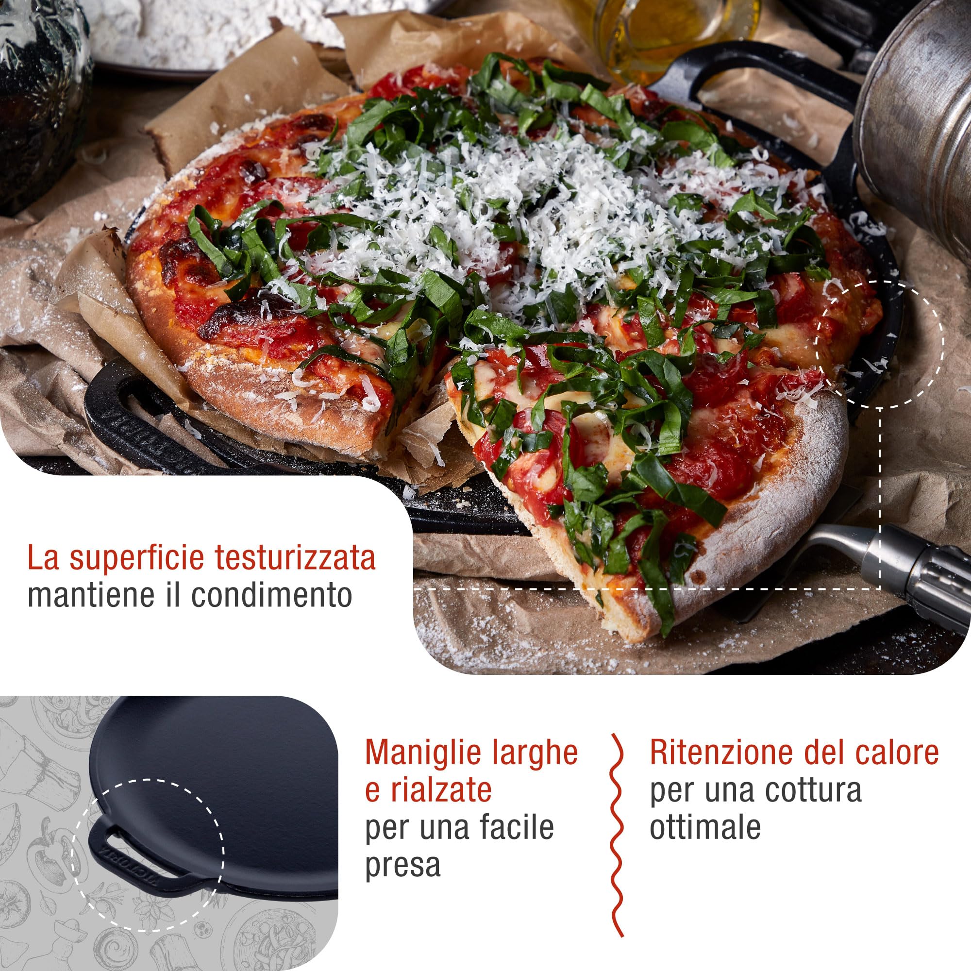 Victoria Teglia per Pizza Ghisa Smaltata, Induzione Piastra per Grigliare 25cm con Manici per Fuoco, Barbecue, Forno, Vetroceramica, Gas, Comal Priva di Sostanze Tossiche e senza PTFE