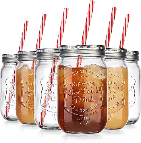 Miniatura 4 de Glaver's Tarros para beber Mason  Juego de 6 tarros de vidrio con tapa  Tazas de vidrio transparente de 15 onzas  Espacioso y fácil de transportar