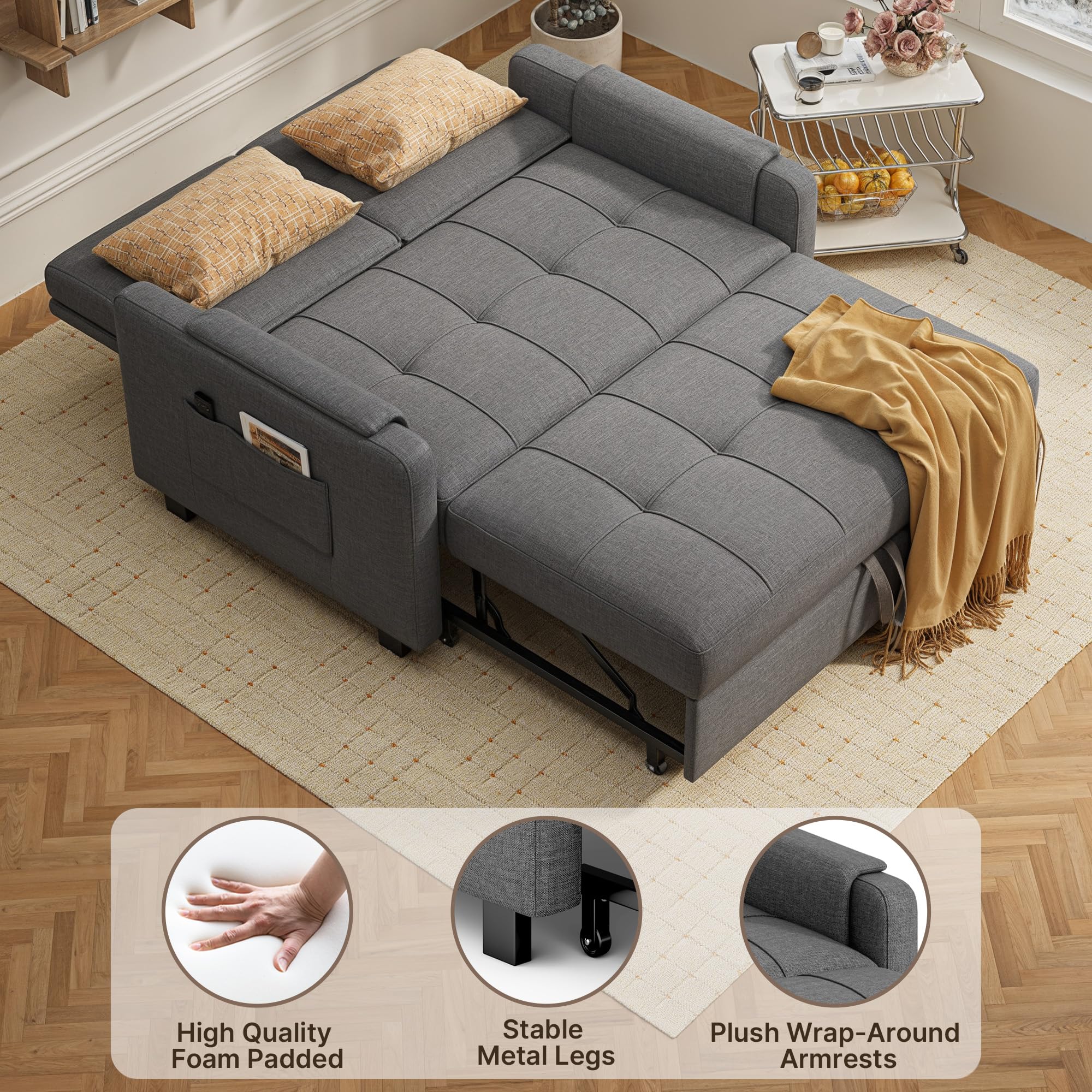 Gizoon Convertible Sofa Bed Modern Couch Bed & Small Loveseat Sleeper, Grey | 3 in 1 Pull out Couch, Space-Saving Design, 5-Position Adjustable Futon Sofa Bed for Living Room, Apartment, Guest Room