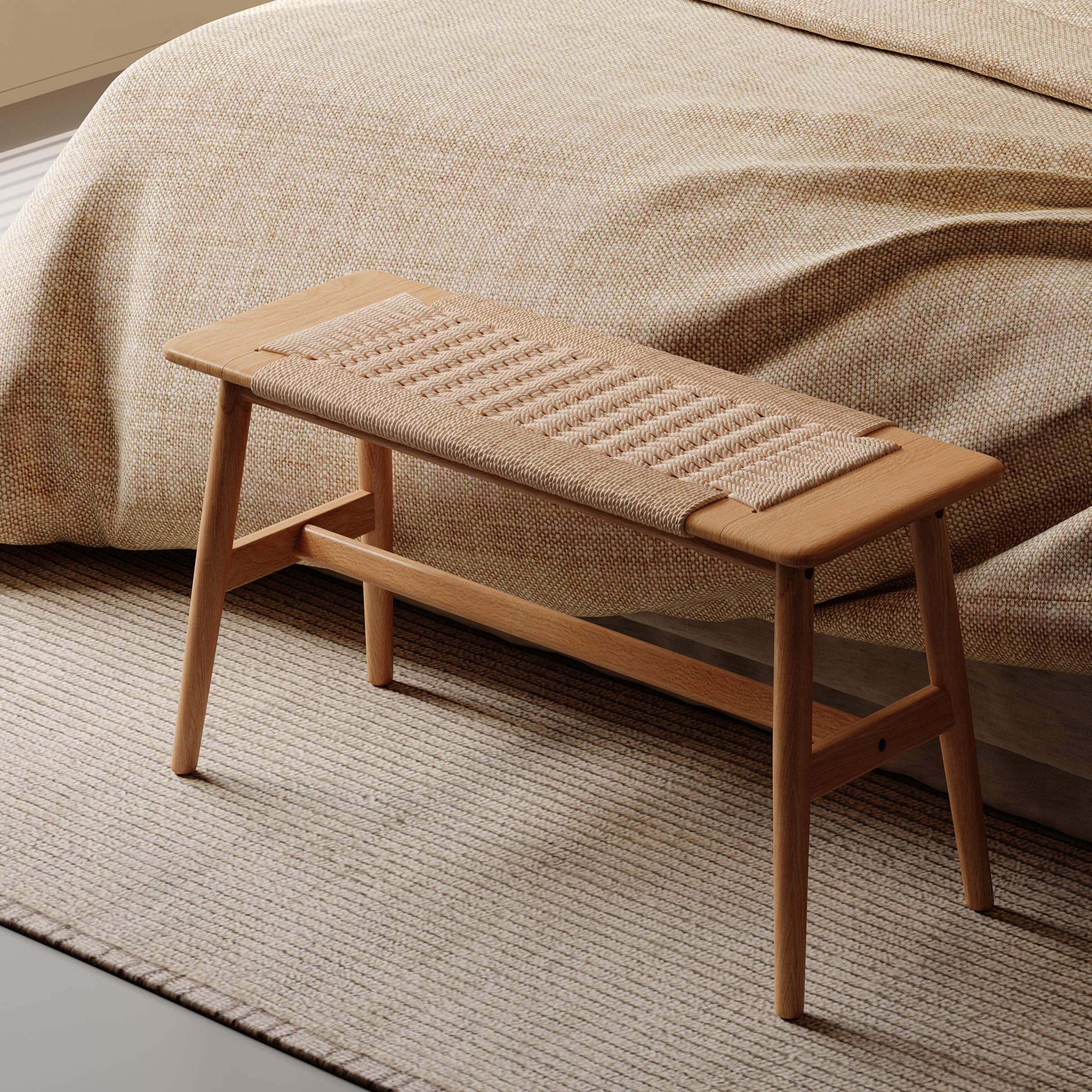 100% Solid Oak Wood Bench,Hand Woven Design,Solid Mortise and Tenon Construction-Solid Structure of Chair Legs,Woven Rattan Entryway Benchs/Dining Bench (Natural Oak,31.49”*11.81”*15.98”)