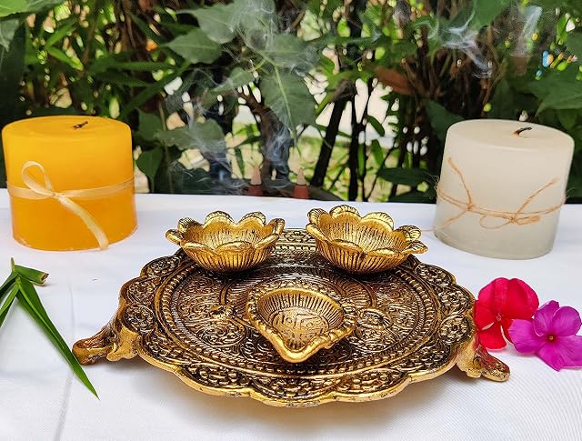 Aluminium Golden Color Plated Laxmi Ganesha Idol with Platter Plate for Puja Diwali Gift Items Deepawali Decorations Indian Dhanteras Pooja Statue Thali (Diya plate-Golden)