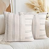 AELS 24x24 Decorative Farmhouse Linen Throw Pillow Covers, Boho Textured Pillow Case, Set of 2, Beige with White & Black Stripe Patchwork Cushion Cover for Sofa Couch Living Room (Cover ONLY) Patchwork-beige With White & Black 24' x 24' (Pack of 2)