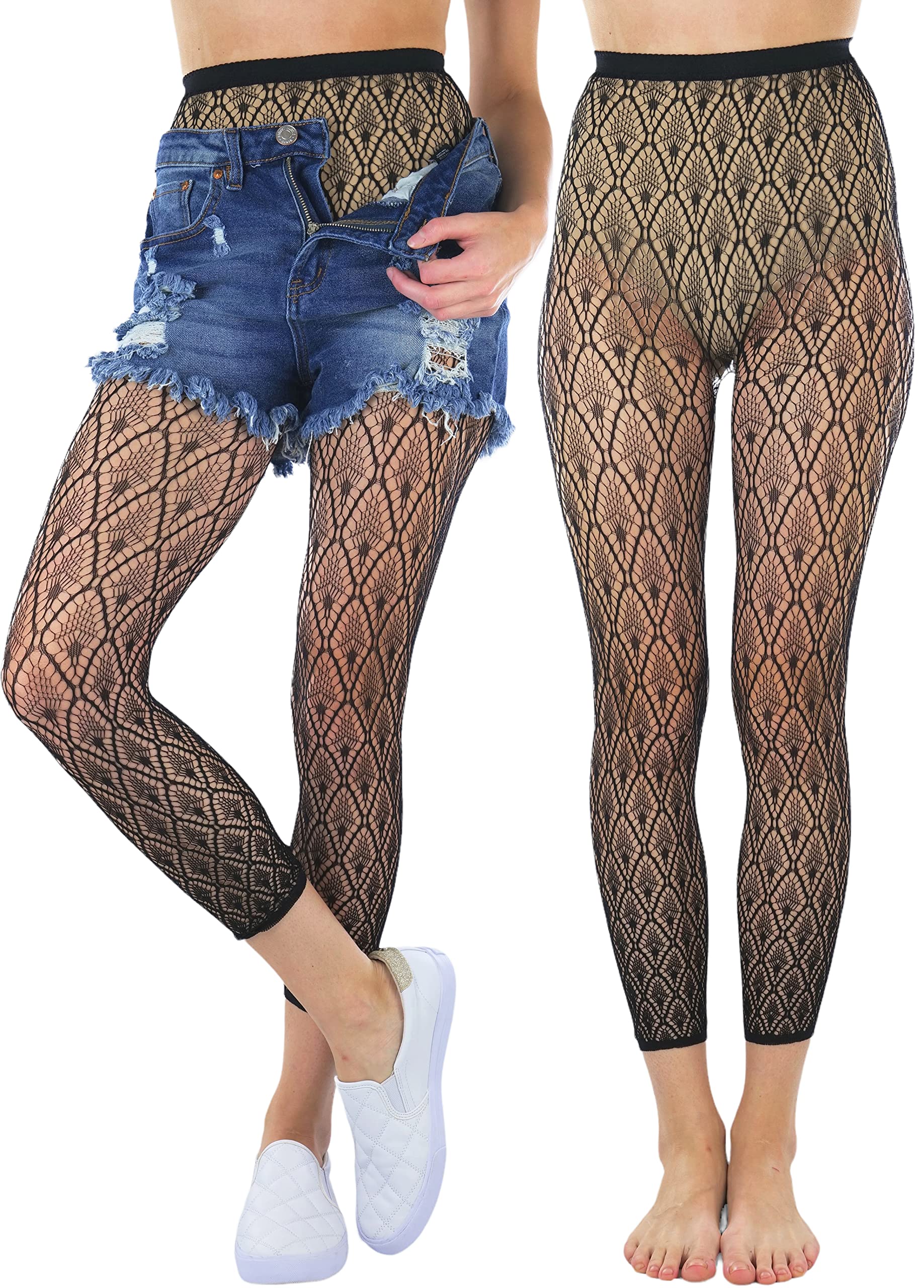 ToBeInStyle Women's Single Floral Lace Fishnet Tights Footless &amp; Stirrup Design