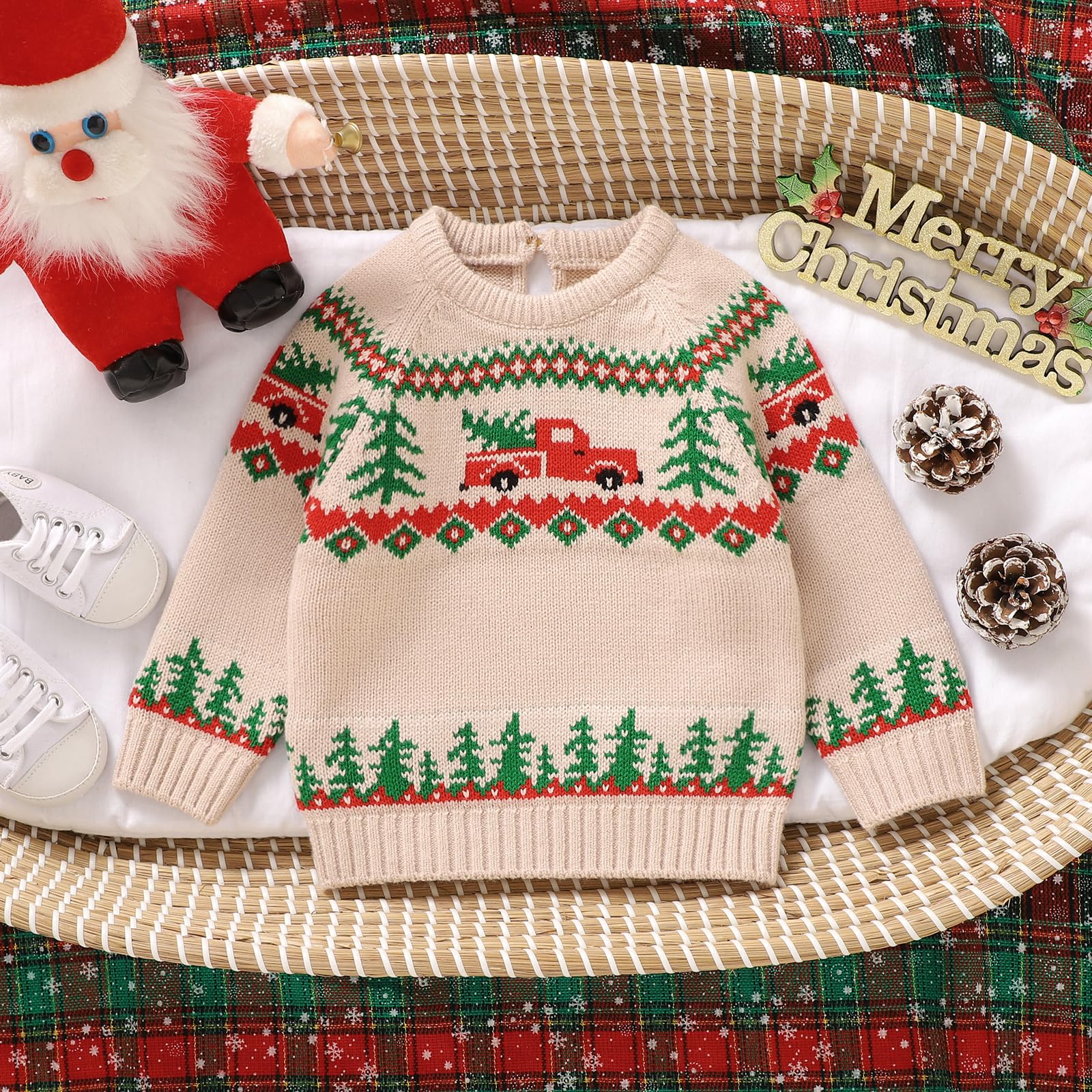 Pull de Noël tricoté à manches longues pour bébé garçon et fille - Imprimé lettre - Pull en tricot pour tout-petits - Tenue d'hiver