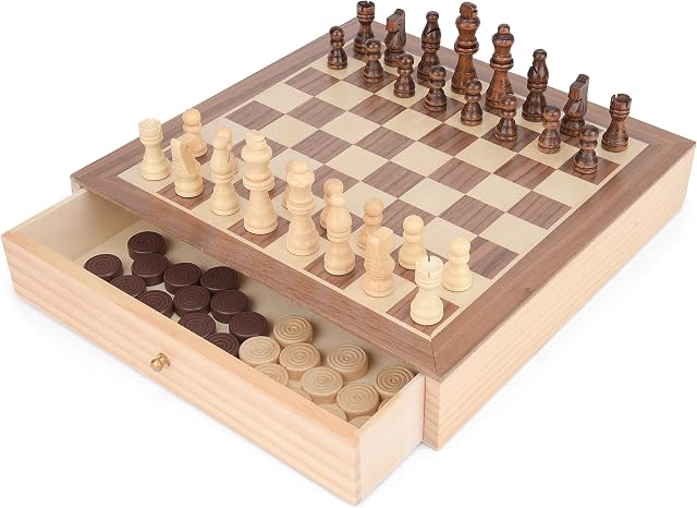 Toyrific | Chess and Draughts Game board, Portable Wooden Family Chess Board for Kids and Adults