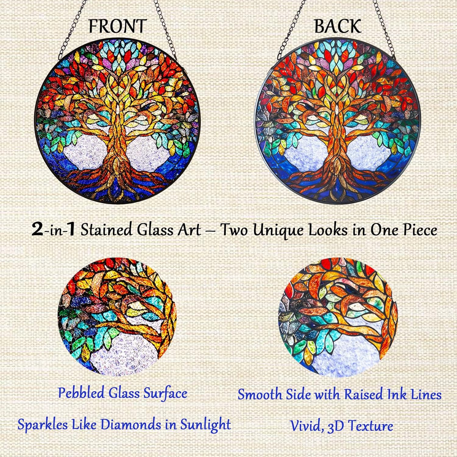 Double Sided Tree of Life Stained Glass Window Hanging, 7.9" Sun Catcher Panel, Green Plant Wall Art for Home & Garden, Unique Gift for Women & Men - Image 2
