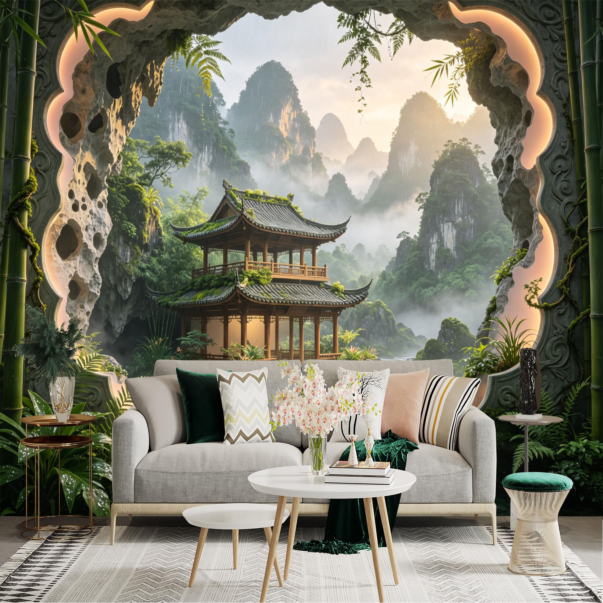 Custom Size Wall Sticker Mural， Traditional Asian Pagoda with Bamboo Forest and Mountain Scenery， for wall Decoration， peelandstick wall Decals.