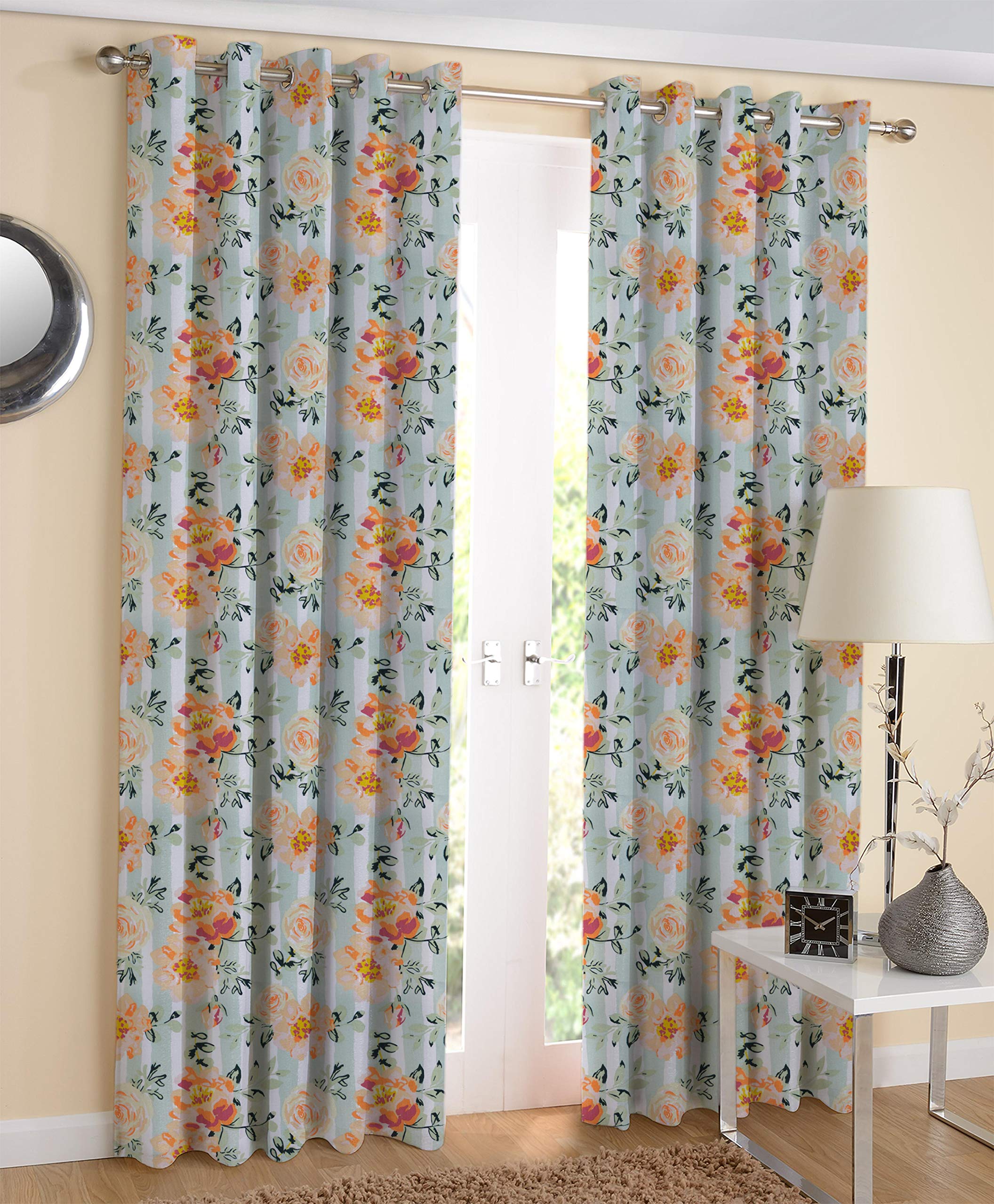 AIRWILL Cotton Stella Designed Floral Printed Curtains (4 x 9fts - Long Door, Green-Orange) - Pack of 2 pcs