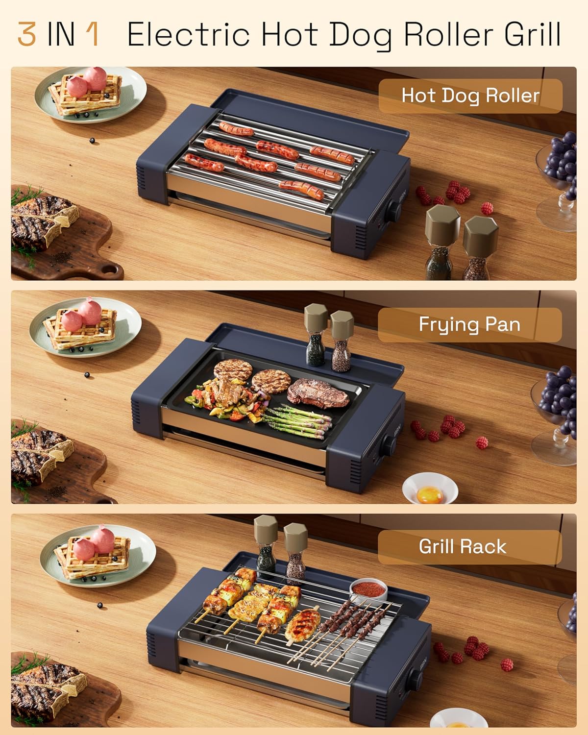 HBN 3-in-1 Hot Dog Roller Grill Machine with Nonstick Plate & Grill Rack, 800W Compact Indoor Electric Sausage Griller for Kitchen, Home, Small Space Use (Royal Blue)