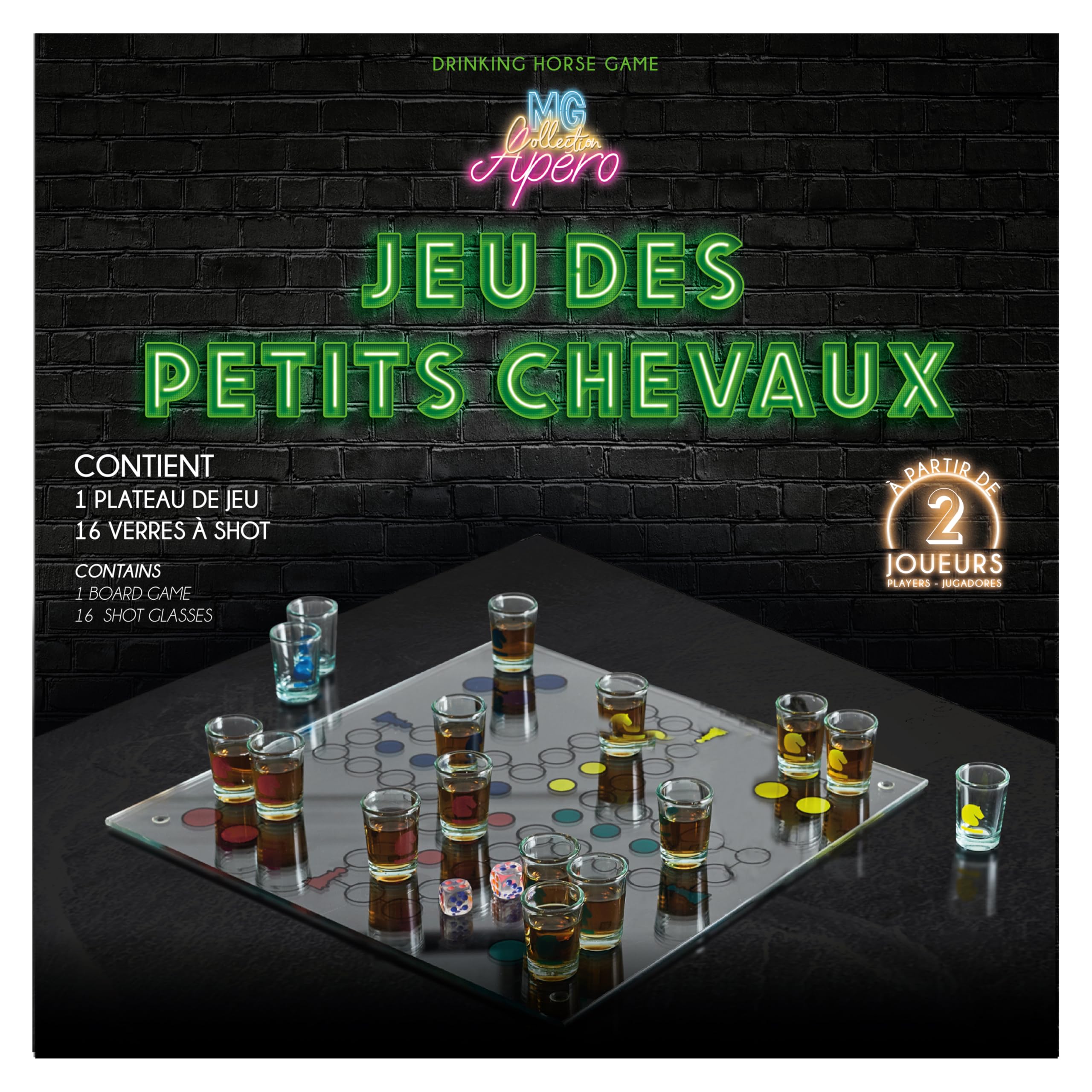 MISTER GADGET - MG3527 Jeu à Boire Petits Chevaux en Verre - Couleurs Variées - Amusement et Convivialité - Accessoire Festif pour Soirées - Blanc, Rouge, Bleu, Vert, Jaune