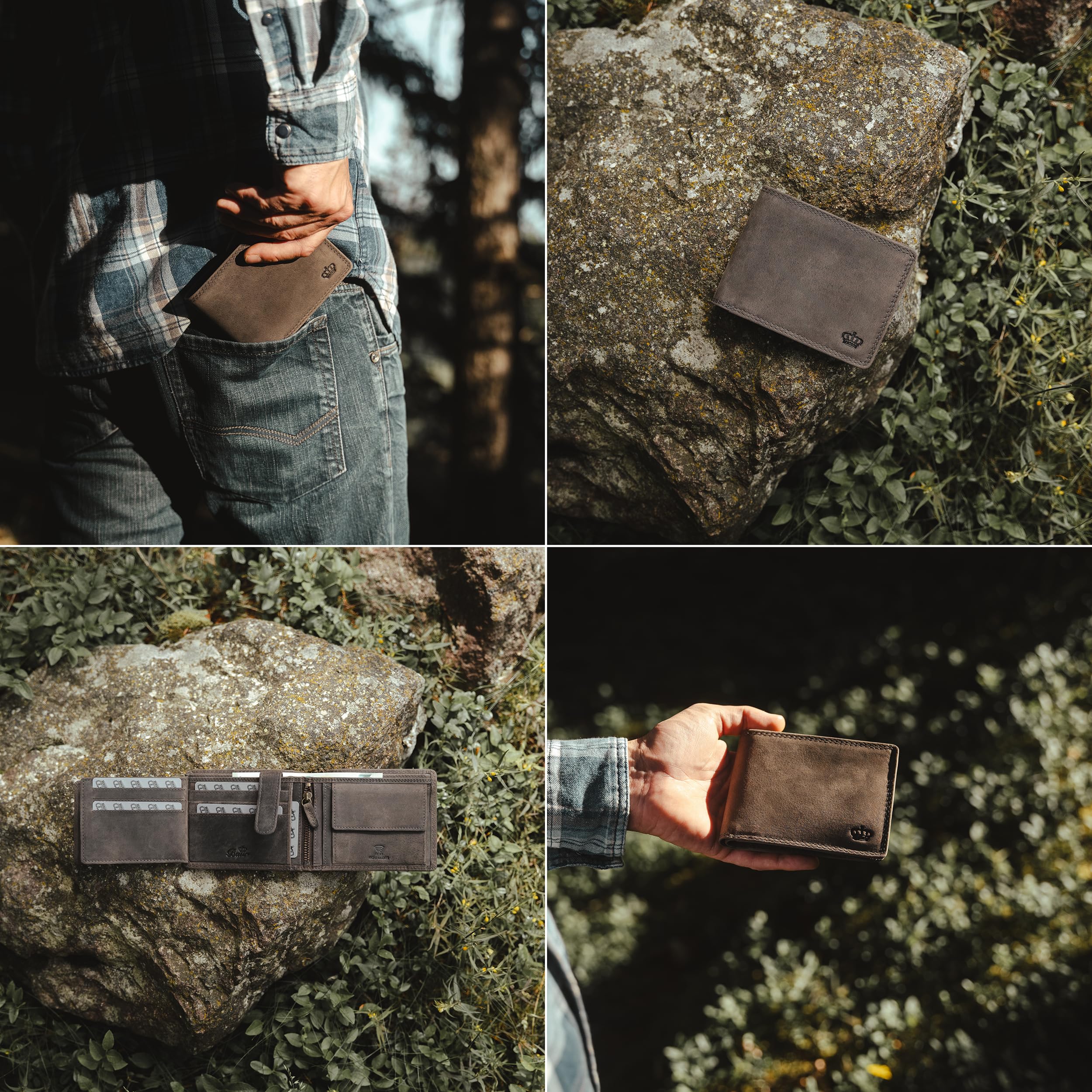 Baur - Cartera de piel de búfalo auténtica para hombre, con protección RFID, formato horizontal, con compartimento para monedas, con muchos compartimentos para tarjetas, gris, 12,5x9,5x2, Formato