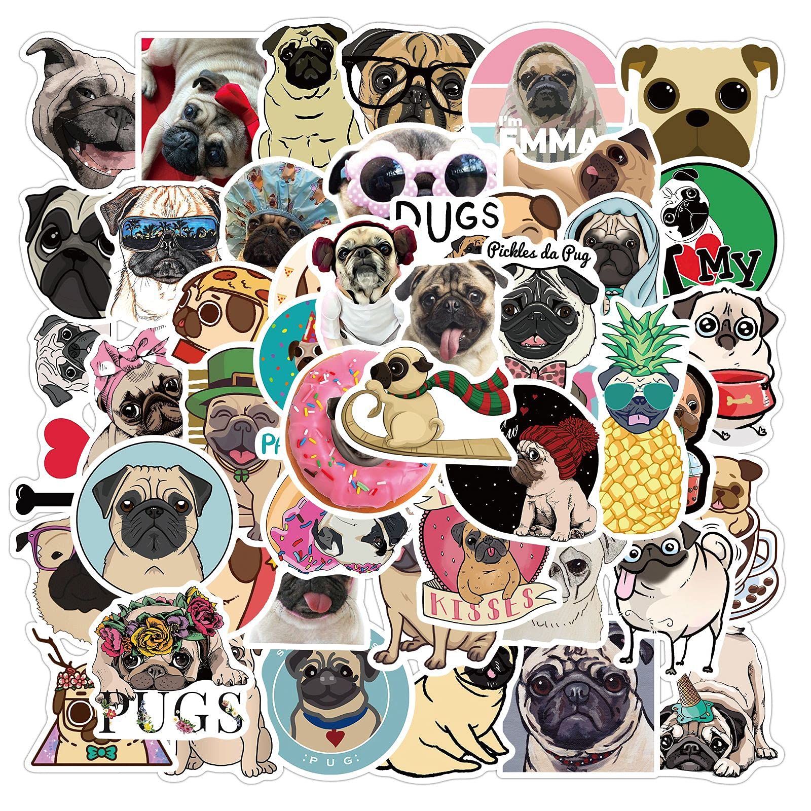 100 PCS Cute Pug Dog Stickers,Gift Stickers for Children Teens Adults,Unique Durable Aesthetic Trendy Sticker Perfect for Water Bottles Laptop Bumper Guitar Skateboard Computer Scrapbook Wall