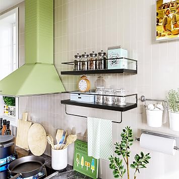 Shario Black Floating Shelves - Set of 2, Wall Mounted Hanging Shelves with Black Towel Rack, Decorative Storage Shelves for Bathroom, Kitchen, Living Room & Bedroom