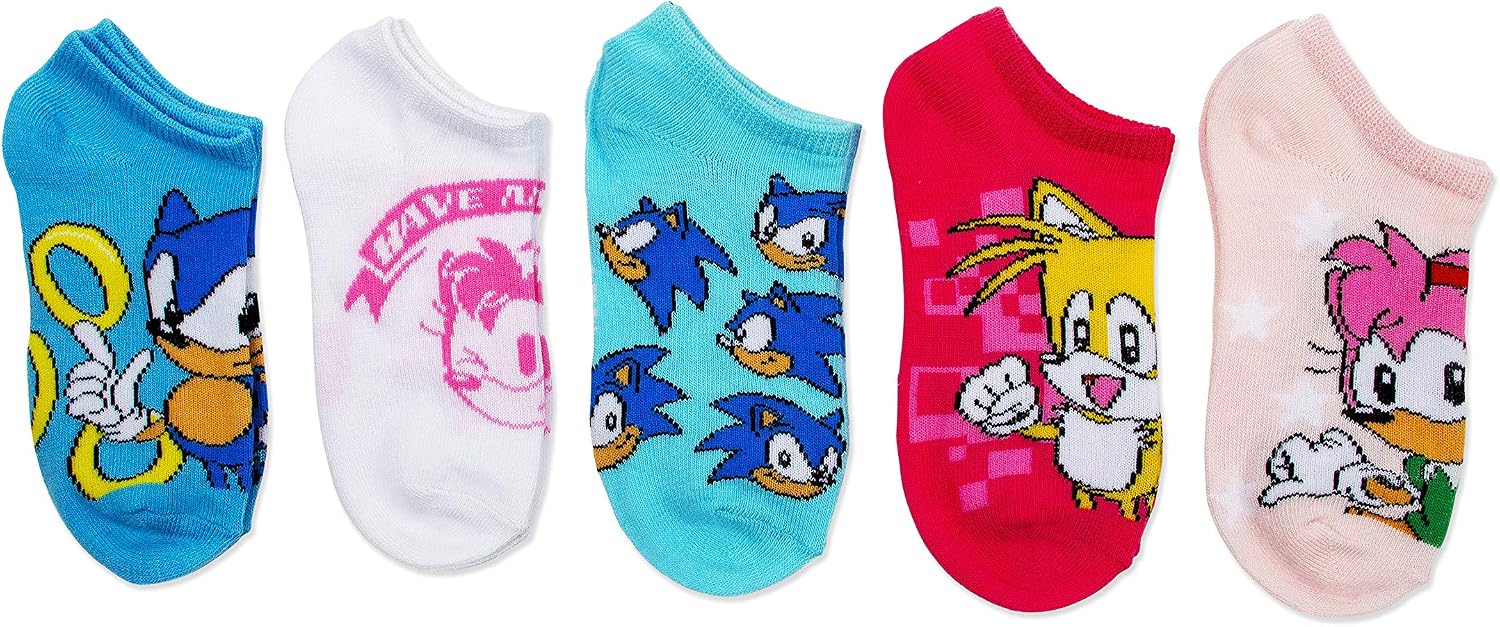Sonic The Hedgehog girls Sonic 5 Pack No Show Casual Sock, Assorted Pastel, 6-8.5 US