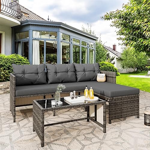 Miniatura 9 de Vongrasig Juego de muebles de patio de 3 piezas pequeños de mimbre para exteriores, porche, bistró, juego de sillas de patio acolchadas con mesa de