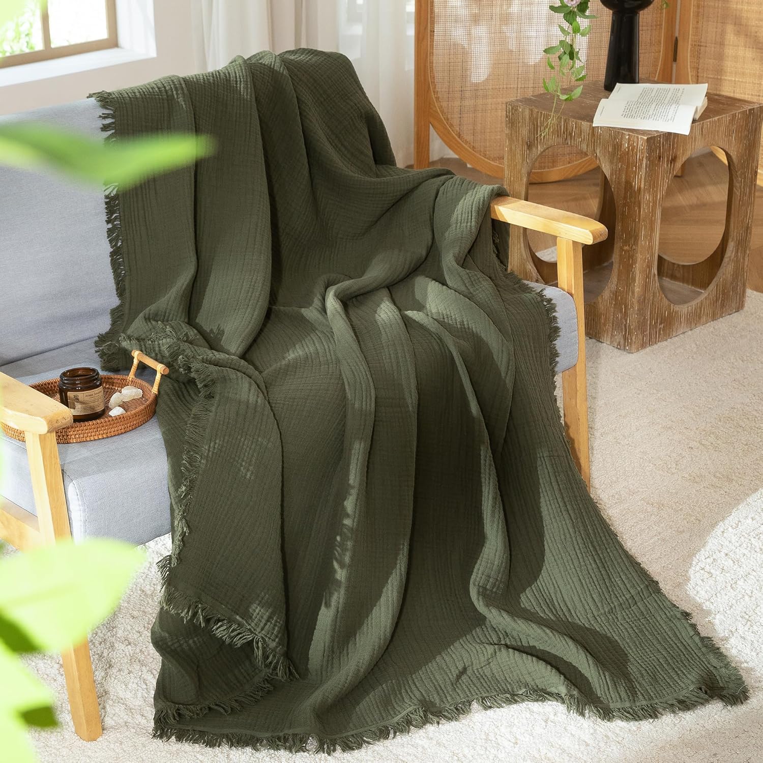 MooMee Muslin Blanket - 100% Cotton 4-Layer Gauze Throw Blanket with All-Around Fringe, Ultra-Soft Breathable Lightweight Cooling Decorative for Bed, Sofa & Couch (Olive Green,Throw XL 50" x 70")