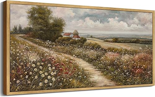 SHENIFY Arte de pared enmarcado de paisaje vintage, campo rústico, flores silvestres, granja, decoración retro de prado con flores, pintura para
