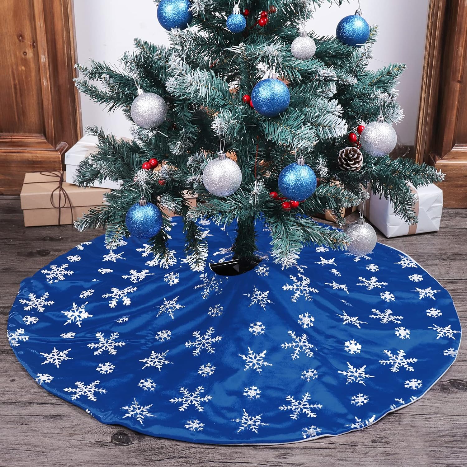 Bunny Chorus Christmas Tree Skirt, 36 inches Blue Mercerized Velvet Skirt with Silver Sequin Snowflake for Rustic Xmas Tree Holiday Decorations